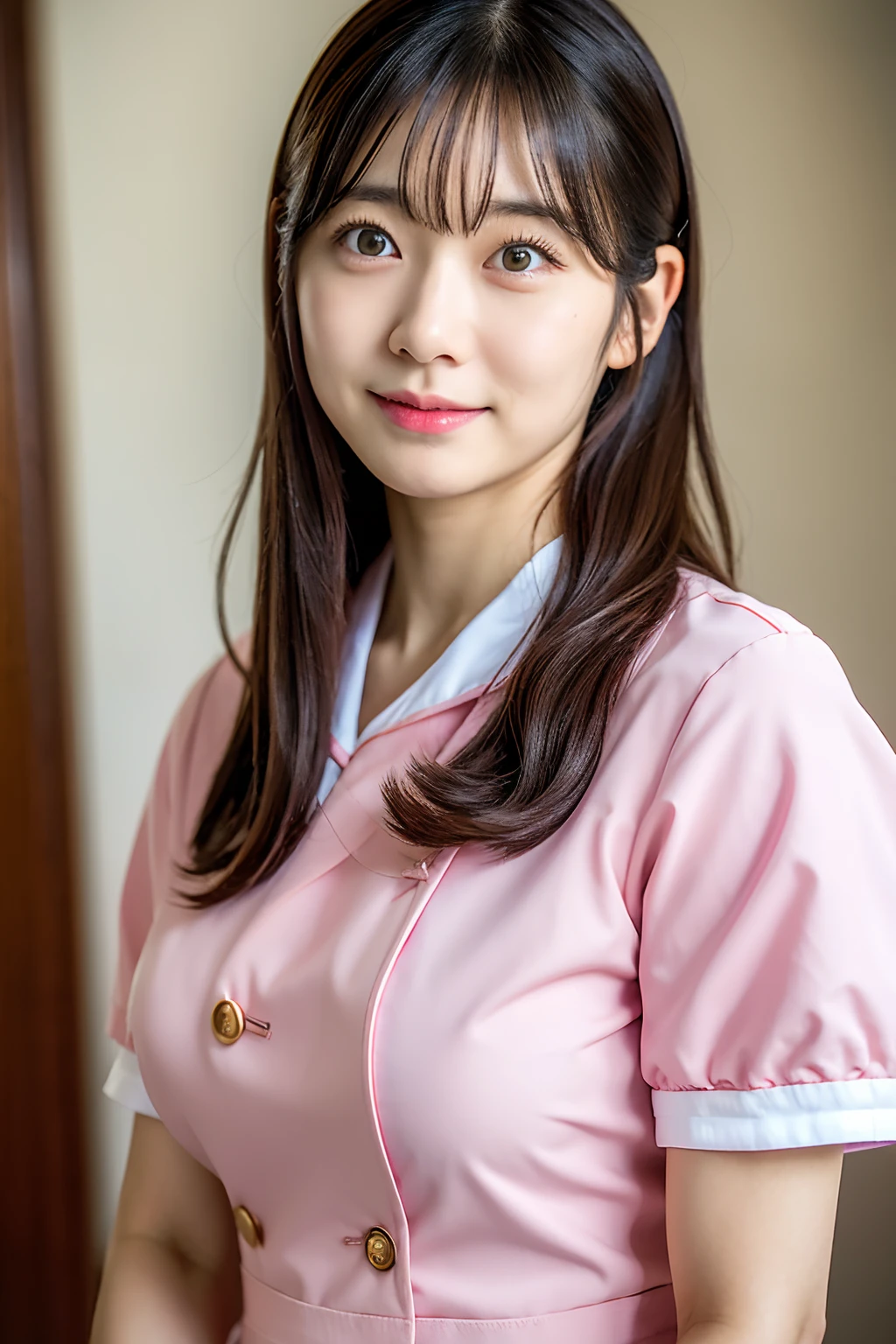 Japan Nurse Girl, Wearing a pink uniform, Name: Shoko Nishinomiya, Posing in a photo, Show her professional skills with a stethoscope. nurse girl、Big breasts、Has a friendly and caring appearance. She has beautiful detailed eyes, Beautiful detailed lips, and long eyelashes. Her hair is neatly tied. The uniform she wears has a clean and professional look, With a badge showing her name and job title. Nurse girl is in the hospital, Surrounded by medical equipment and instruments. Lighting is soft and warm, creating a cozy atmosphere. The colors in the image are vivid and vivid, Emphasizes the pink color of her uniform. Overall image quality is of the highest quality, Ultra-detailed and realistic rendering. the prompt contains the following tags: nurse girl, Japanese Models, An Asian girl, Yasumoto Oka, Listening with a stethoscope, breastfeeding, Asian Woman, Nami Kakiu, Aoi Ogata, Asian Woman, History.