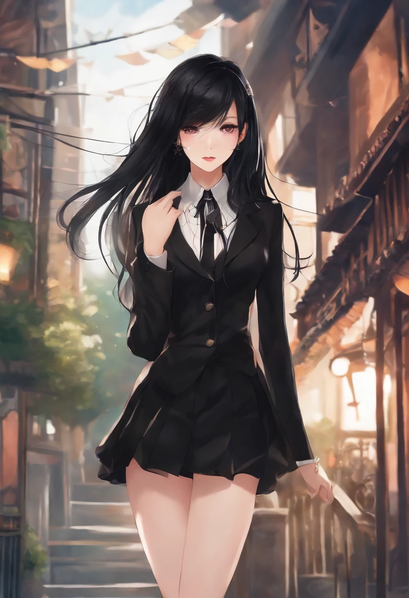 One has long black hair，Wearing a short black skirt，Wear black high heels on your feet，Has a pair of slender thighs，Beautiful anime girl with bare legs