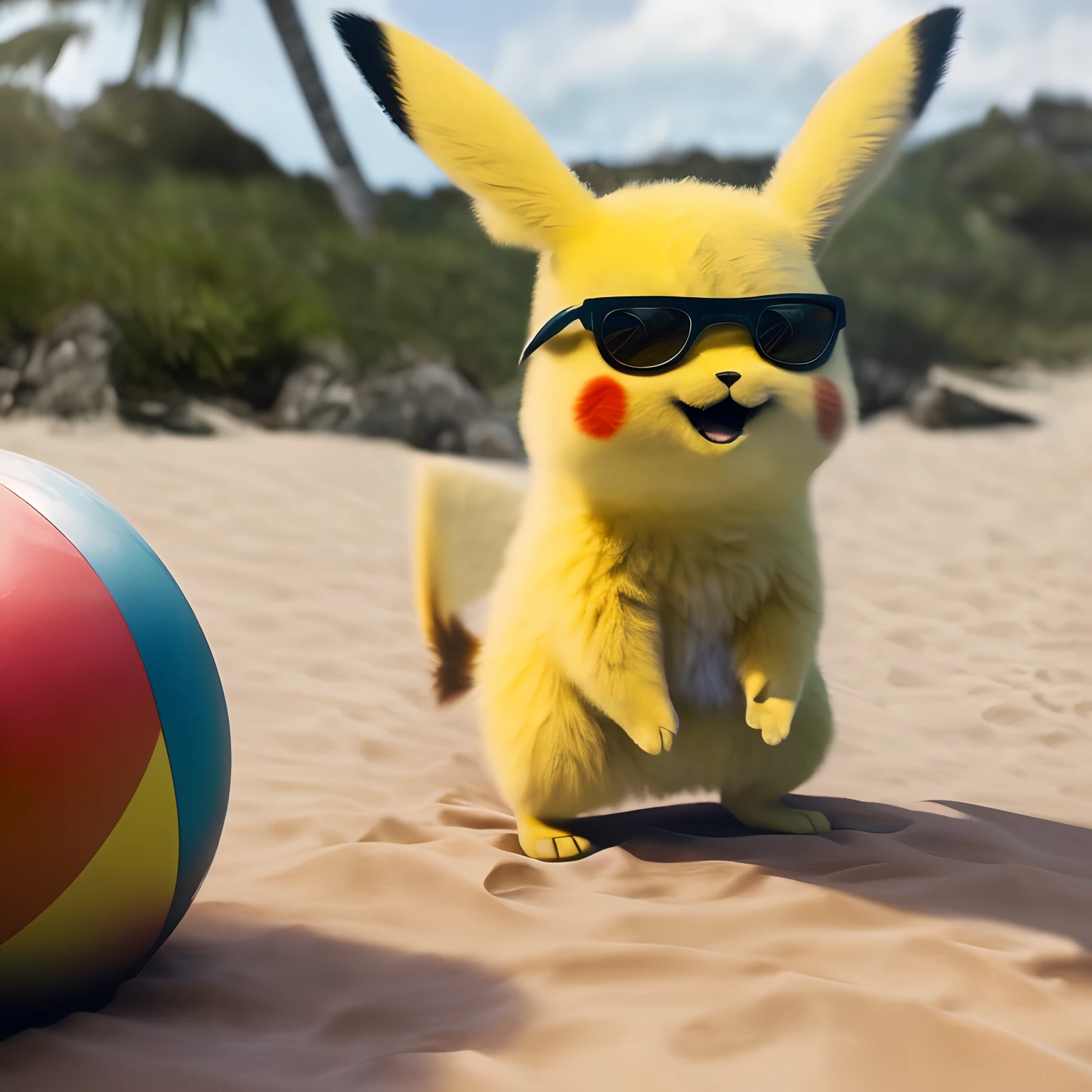 solo, pikachu,portrait, realistic, photorealism, photo, open smile, on the beach, standing in lounge chair, beach, sunglasses, (extremely detailed CG unity 8k wallpaper), (photorealistic:1.4), volumetric lighting, 80mm,