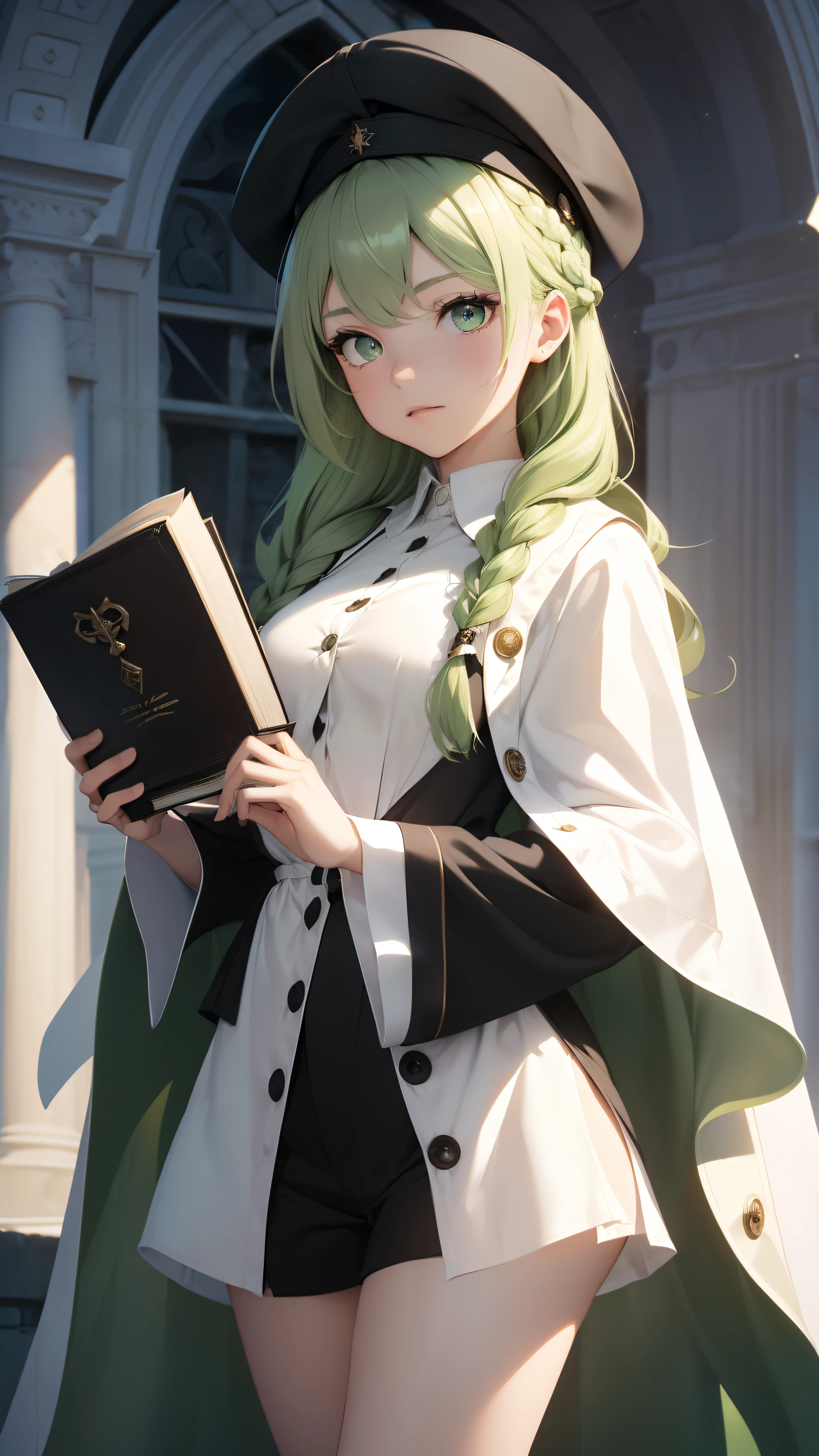 masterpiece, ultra detailed, 8k portrait, RAW photo, portrait photography, highly detailed face, beautiful and meticulous eyes, ((Fantasy)), Young beautiful, 22 years old, (((drooping eyes))), dynamic pose, (((Medium wavy light green hair))), ((braided twin tail)), parted bangs, White skin color, Luxury, (((black mortarboard cap))), (((white silk long cloak))) fluttering in the wind, (((many buttons Shirt dress))), (((black shorts))), high cut leather boots, ((holding magic book)), Midday Sun, hyper realistic, Body model, Small breasts, Beautiful breasts, Long legs, in the castle, Ambient lighting, Shadow details , Camera focus on face, strong breeze, Light fog