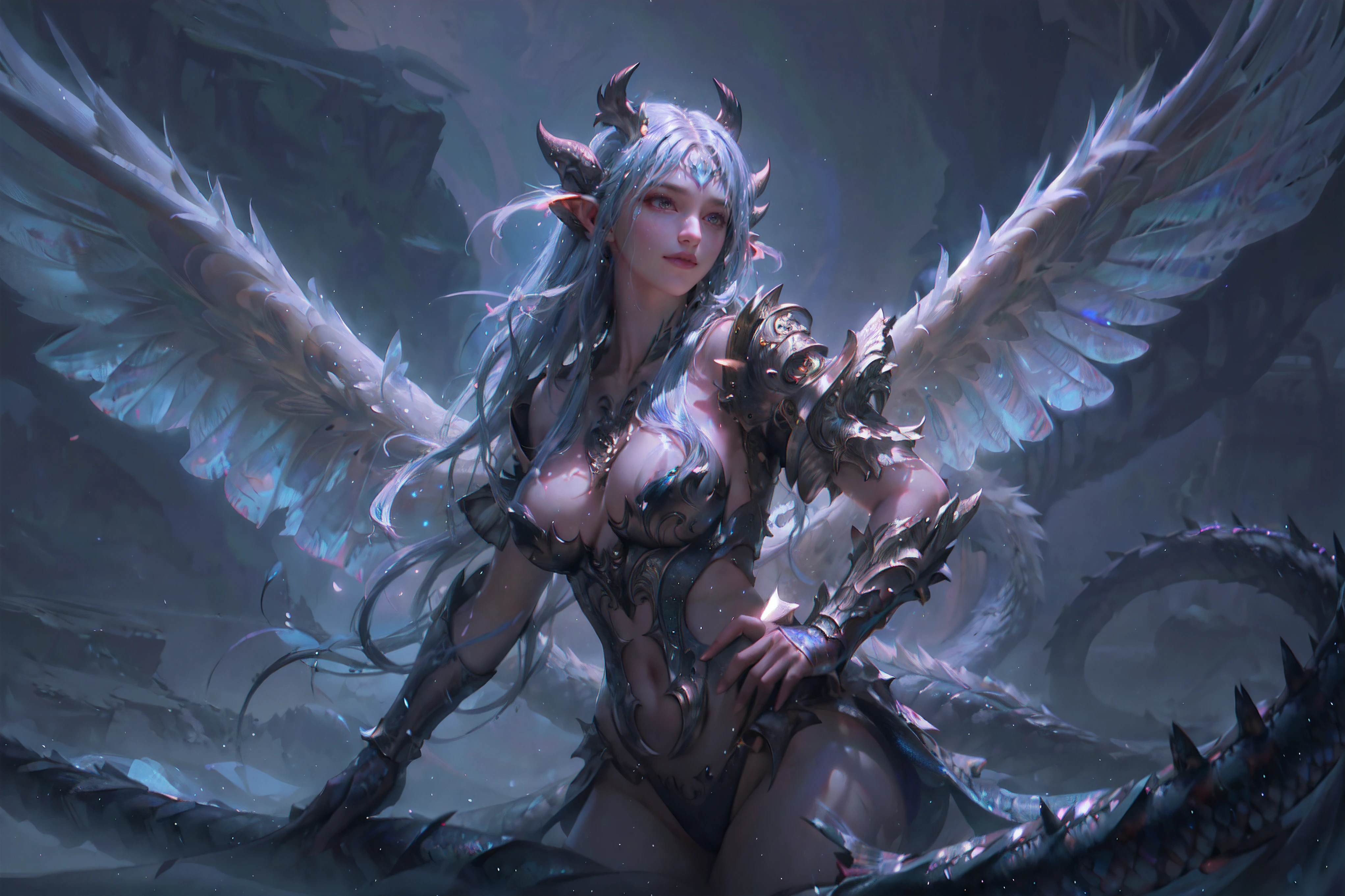 dragon girl, glowing scales, majestic wings, flowing mane, ethereal background, mystical atmosphere, colorfu, intricate patterns, atmosphere, ultra high res, (photorealistic:1.4), raw photo,16K,dramatic lighting,