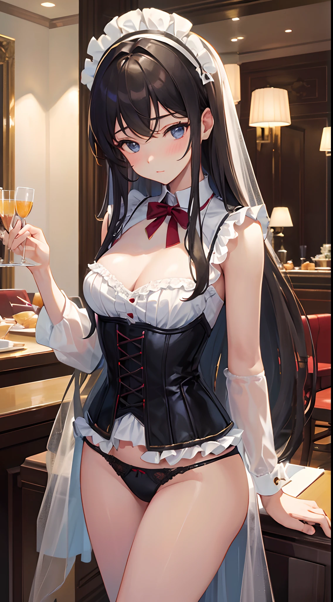 (Best quality, Masterpiece: 1.1), (Fidelity: 1.4), 1 girl, Upper body, Long hair, 5 stars hotel, Black corset, Messy clothes, Panties