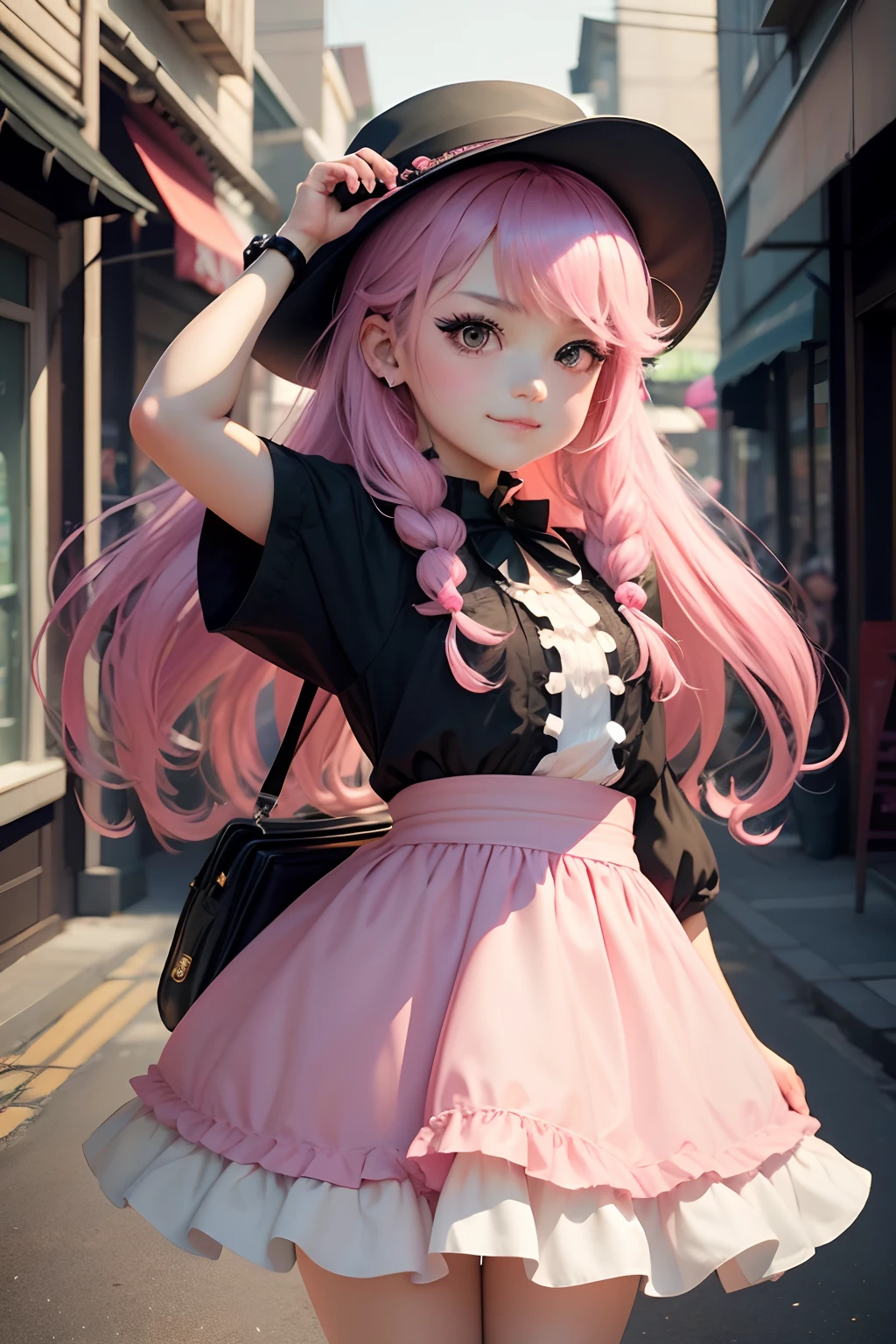 young girl with pink hair wearing a black hat, arms back down, cute smile, anime girl in real life, anime girl cosplay, luts, kawaii realistic portrait, realistic young anime girl, artwork in the style of guweiz, hyper realistic anime, anime style mixed with fujifilm, portrait of magical ****ta girl, small curvy ****, anime style. 8k, cute kawaii girl