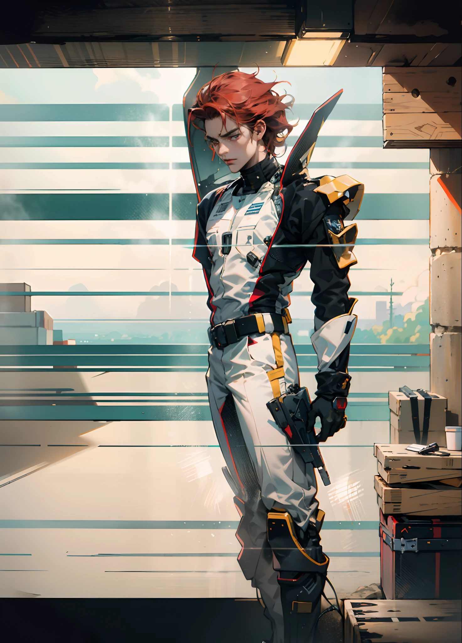 A man with short red-gold hair, hair slicked back, thick and disheveled hair, a cold and ruthless gaze, a confident expression, wears a two-piece futuristic military-style uniform, primarily in shades of white and red, accented by touches of yellow, streamlined wristguard gloves, matching trousers, he stands in a futuristic sci-fi-style hangar housing a colossal mech, stands within a futuristic sci-fi hangar, where a colossal mech is stationed, this character embodies a finely crafted futuristic military officer in anime style, characterized by an exquisite and mature manga illustration art style, high definition, best quality, highres, ultra-detailed, ultra-fine painting, extremely delicate, professional, anatomically correct, symmetrical face, extremely detailed eyes and face, high quality eyes, creativity, RAW photo, UHD, 8k, Natural light, cinematic lighting, masterpiece:1.5