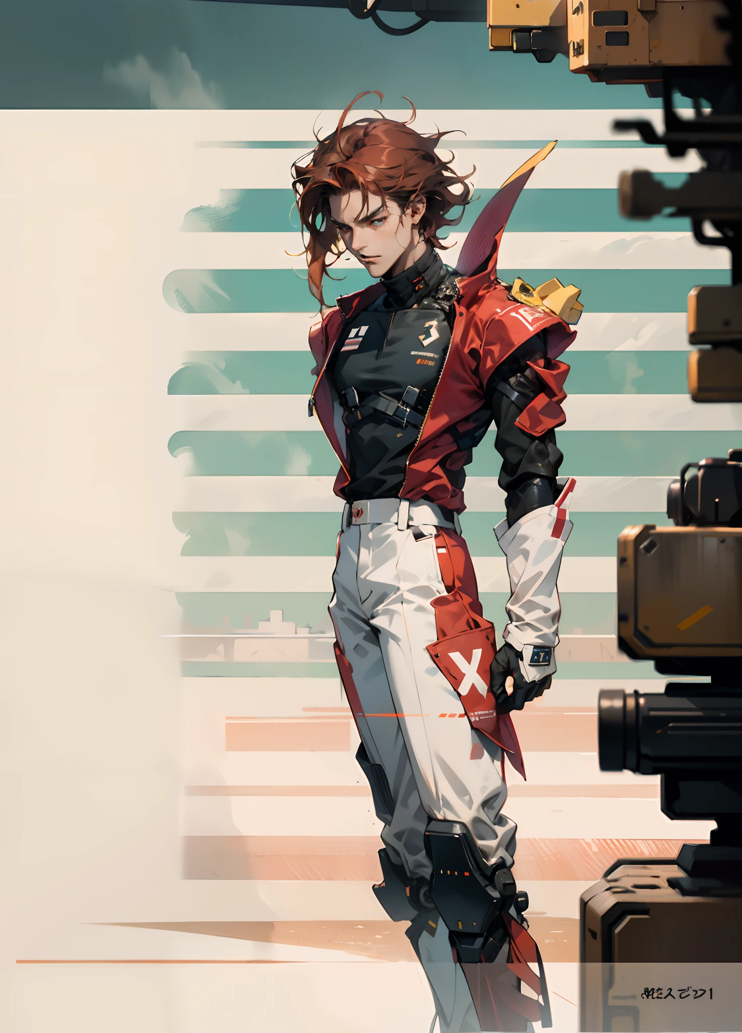 A man with short red-gold hair, hair slicked back, thick and disheveled hair, a cold and ruthless gaze, a confident expression, wears a two-piece futuristic military-style uniform, primarily in shades of white and red, accented by touches of yellow, streamlined wristguard gloves, matching trousers, he stands in a futuristic sci-fi-style hangar housing a colossal mech, stands within a futuristic sci-fi hangar, where a colossal mech is stationed, this character embodies a finely crafted futuristic military officer in anime style, characterized by an exquisite and mature manga illustration art style, high definition, best quality, highres, ultra-detailed, ultra-fine painting, extremely delicate, professional, anatomically correct, symmetrical face, extremely detailed eyes and face, high quality eyes, creativity, RAW photo, UHD, 8k, Natural light, cinematic lighting, masterpiece:1.5