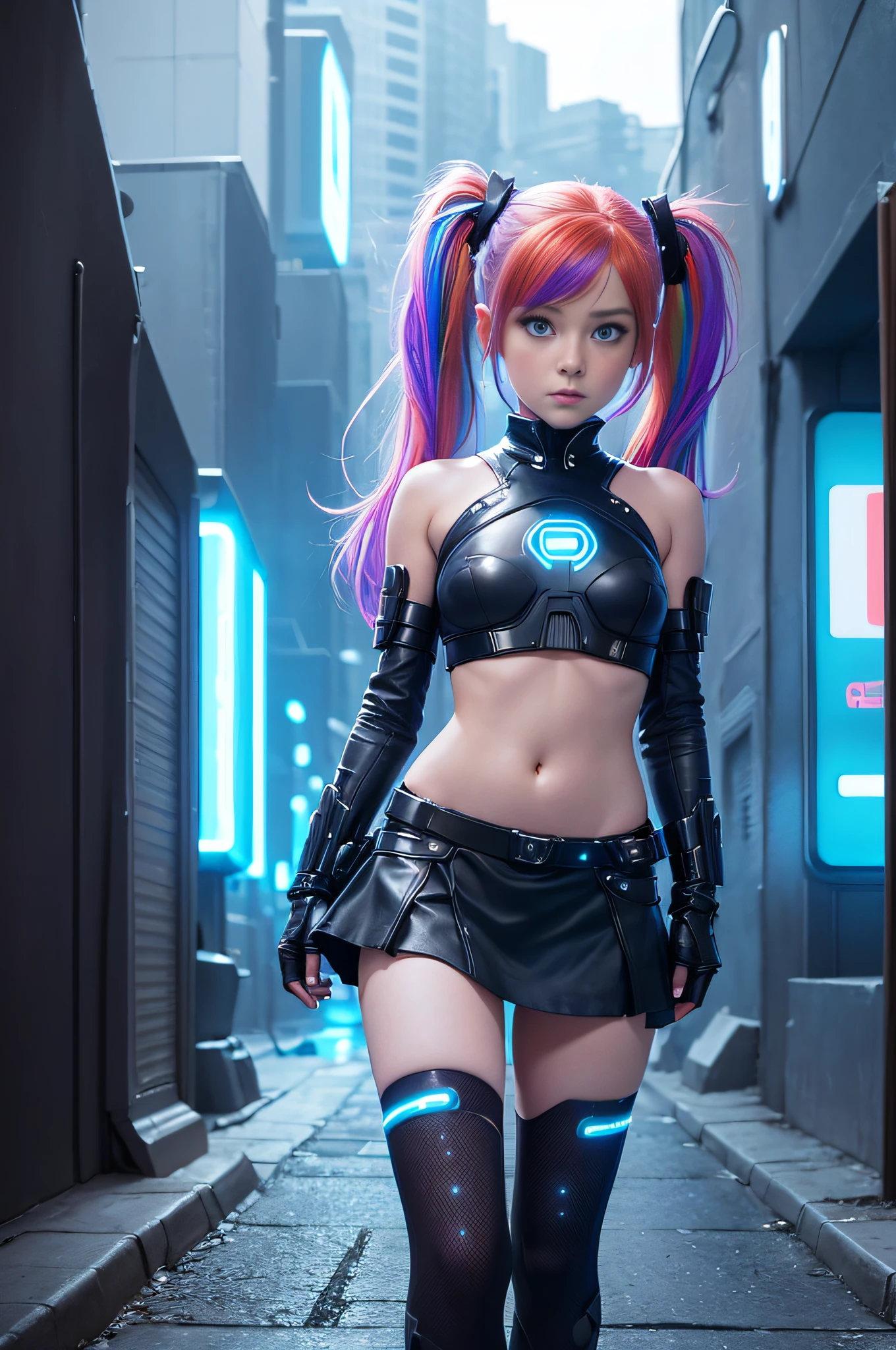 1 girl, solo, (nsfw), cute redhead 18-year-old girl in twin tails, ((perfect female body)), (cute face make up), multiple (rainbow colored hair: 1.2), (beautiful detailed blue eyes: 1.6), (photo realistic eyes: 1.6), happy, Ukrainian, (petite body), ((small hips)), pale white skin, (mini skirt and tube top), (matte pantyhose: 1.6), (("TRON LEGACY city" style background)), (night time:1.2), photo realistic.
