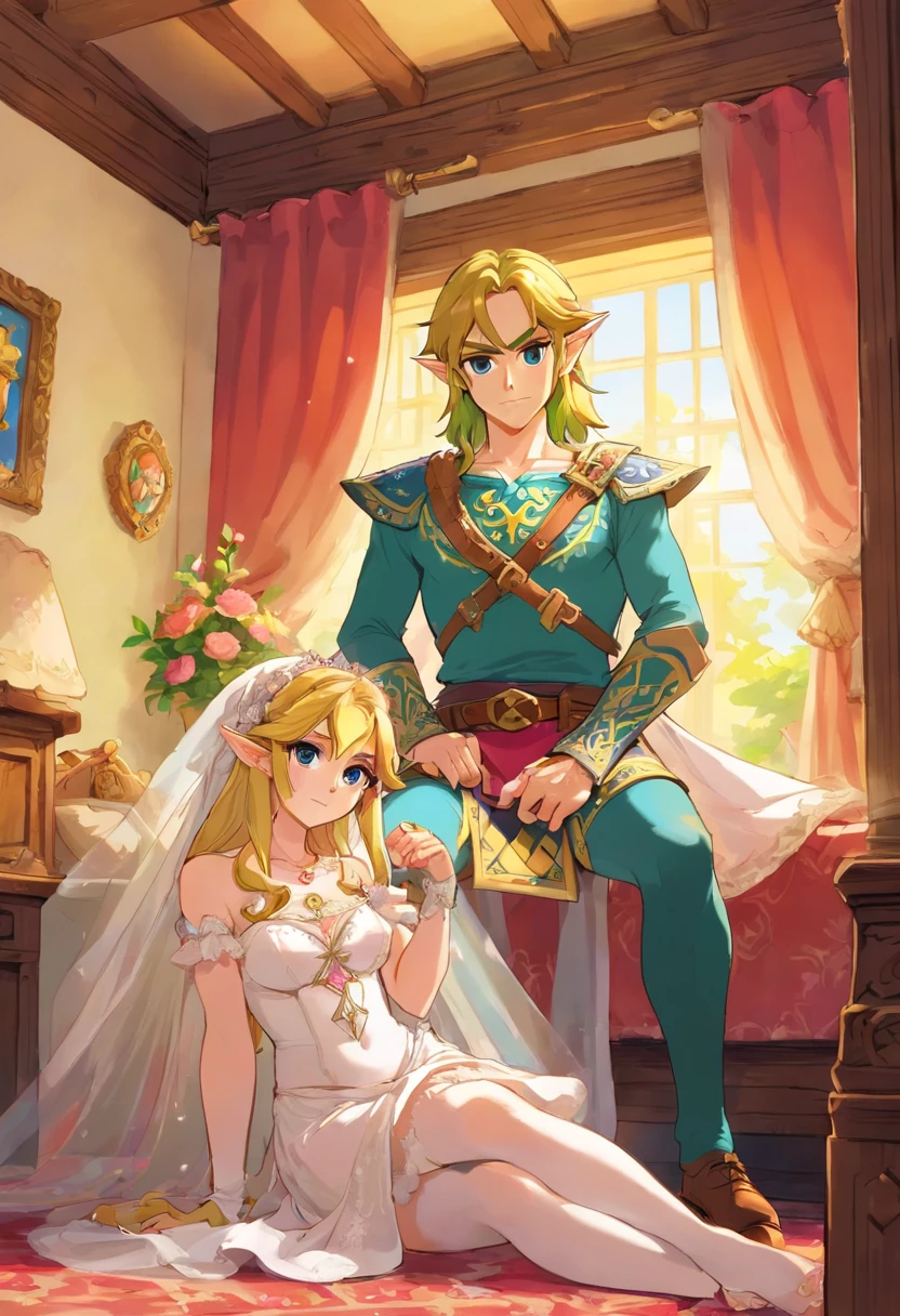 (masterpiece:1.2, best quality, absurd res, ultra detailed), super very realistic, doggy style vaginal sex, very sexy beautiful feminine tender seductive sweet lustful cute luxurious bride Link (the legend of zelda) and man having sex, happiness, realistic, detailed, masterpiece, high quality, photorealistic, lovely smile