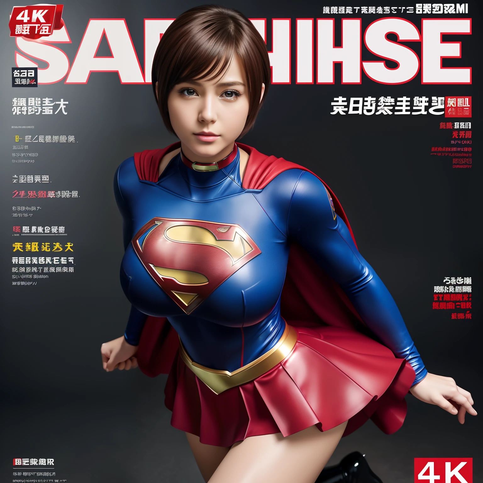 (Best Quality,4K,8K,hight resolution,masutepiece:1.2),Ultra-detailed,Realistic:1.37,Super masterpiece,Short-haired Supergirl、large full breasts、Looking at the camera、Glossy costume、a choker、Too short miniskirt、Weekly magazine cover、the pose