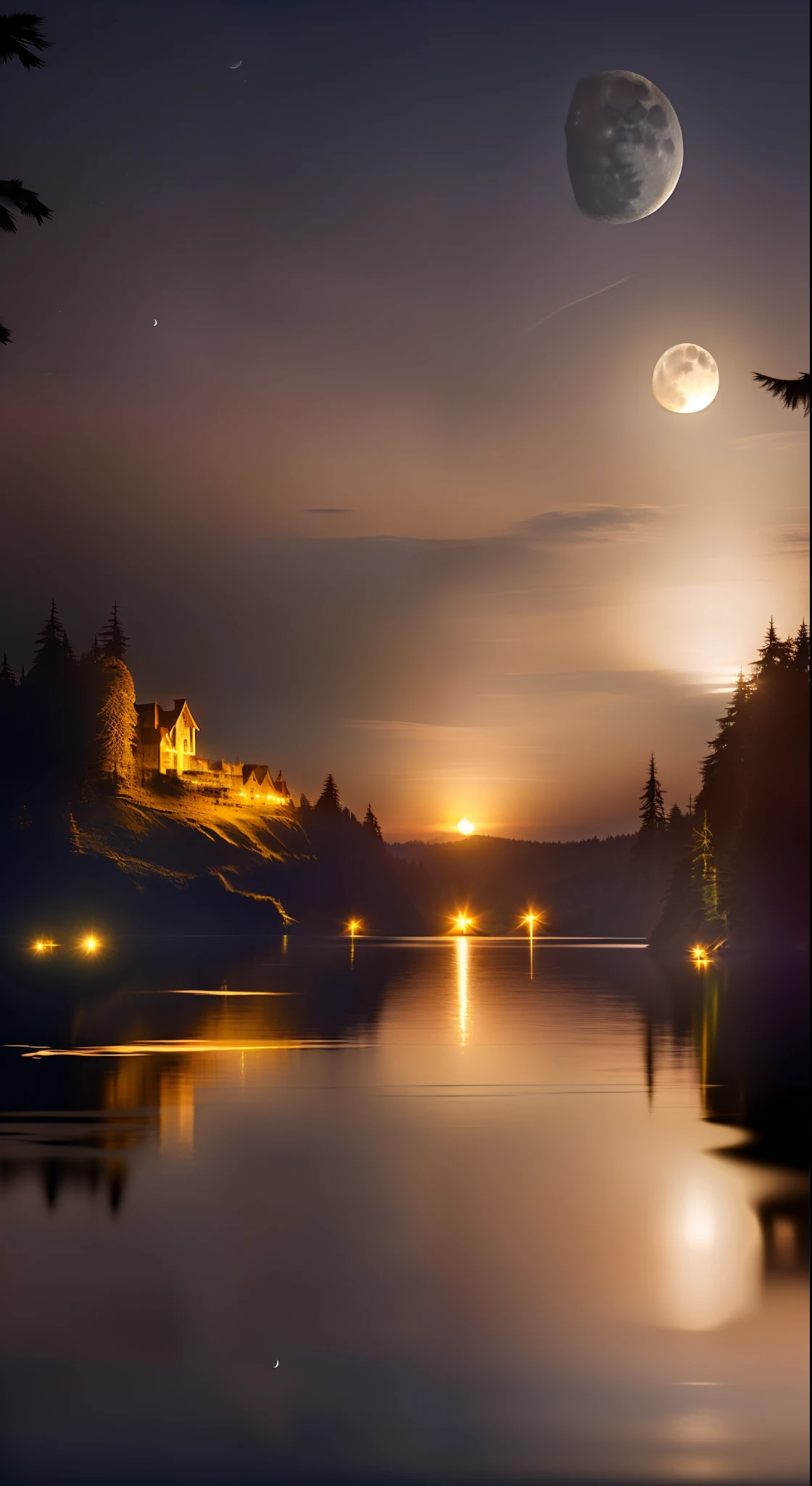 there is a full moon that is shining over a lake, calm evening. Real Scene, moon shining golden light, background artwork, big moon above the water, Realistic moon in background, Full moon background, beautiful moonlight night, Moonlight background, beautiful moon light, beautiful moon light, moon landscape, moon light in the top background, stuning fantasy 3 d render