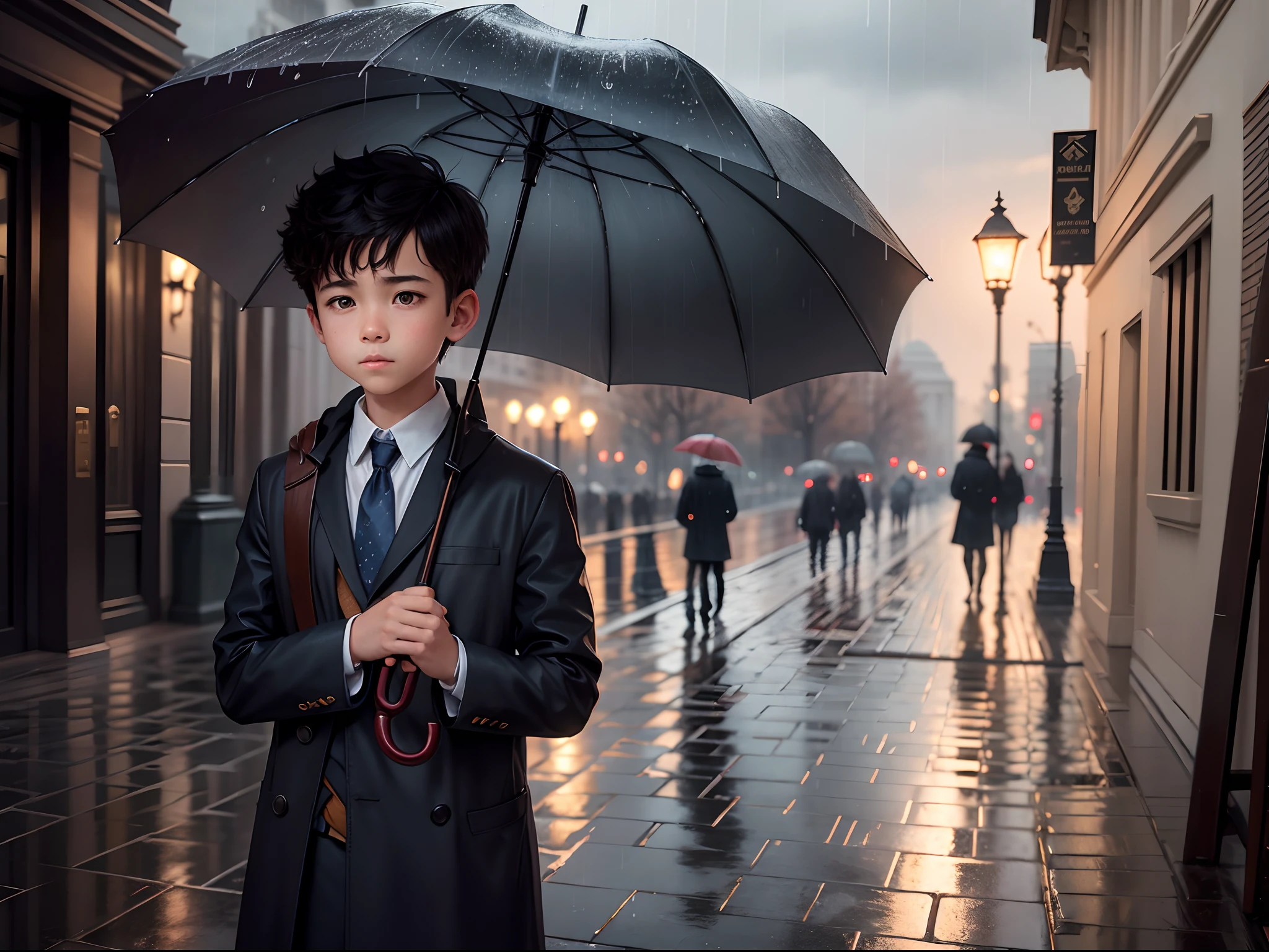 A boy in Washington DC, rain ,holding umbrella,8k,micro detail, instinct elegance, illustration