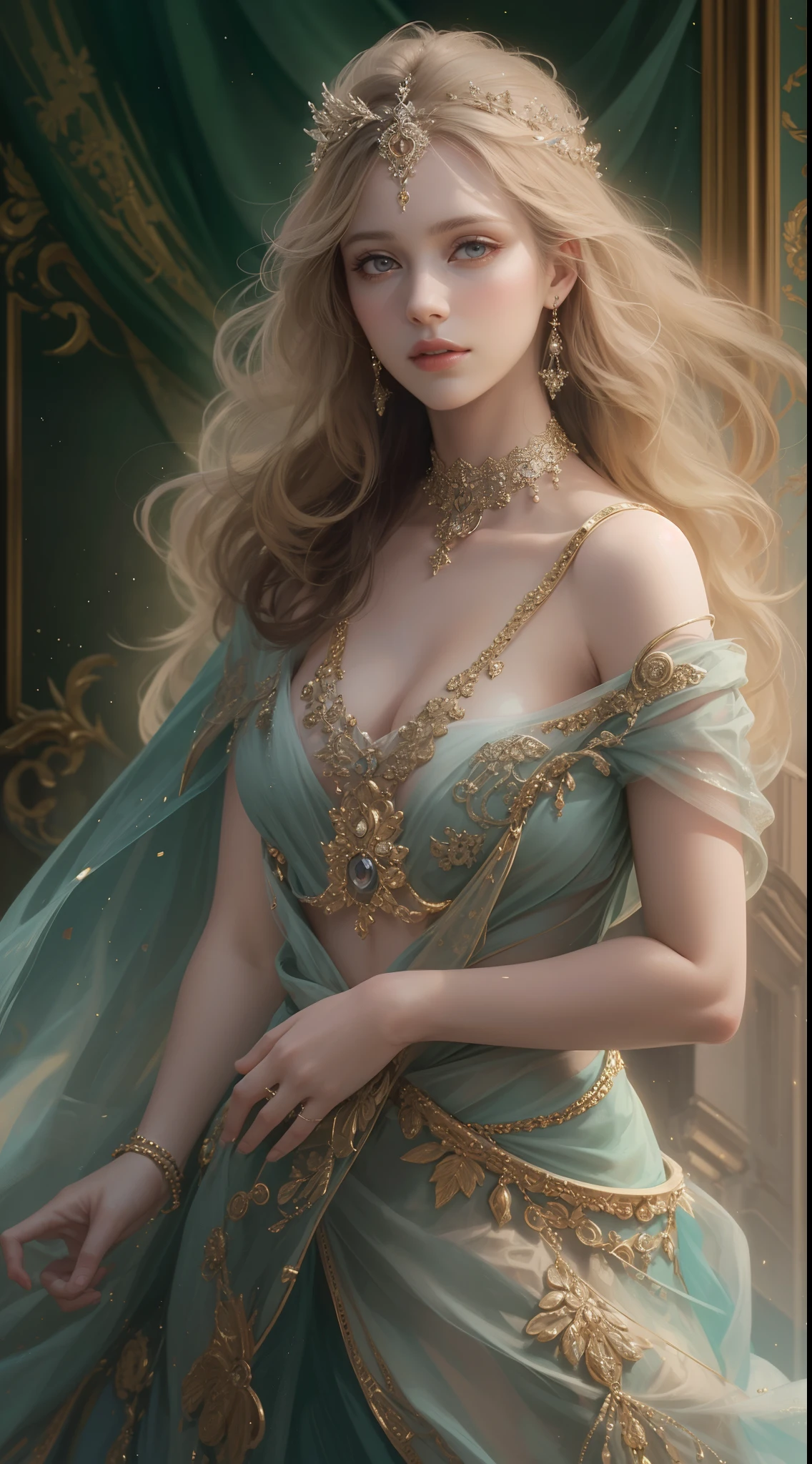 Absurd, ultra-detailed, high quality, masterpiece, detailed face, beautiful eyes(detailed eyes), Greek mythology, Goddess, Hera , the queen of the gods, striking and captivating, features are classically beautiful, with high cheekbones, a perfectly proportioned face, eyes depicted as large and captivating, hold an intense gaze, golden hair , hair is luxuriant and flowing, cascading down her back in waves , wearing elegant robes adorned with intricate patterns , Her beauty is not merely superficial but embodies the essence of power, authority, and regality.