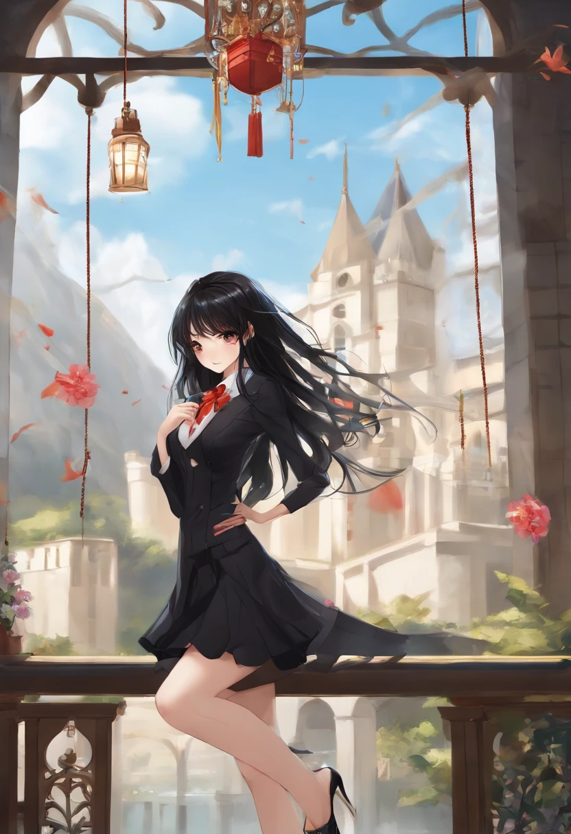 One has long black hair，Wearing a short black skirt，Wear black high heels on your feet，Has a pair of slender thighs，Bare-legged，The neck is tied by a rope，Beautiful anime girl hanging in midair