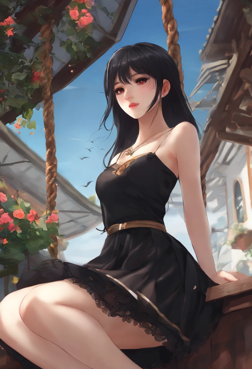 One has long black hair,Wearing a short black skirt,Wear black high heels on your feet,Has a pair of slender thighs,Bare-legged,The neck is tied by a rope,Beautiful anime girl hanging in midair