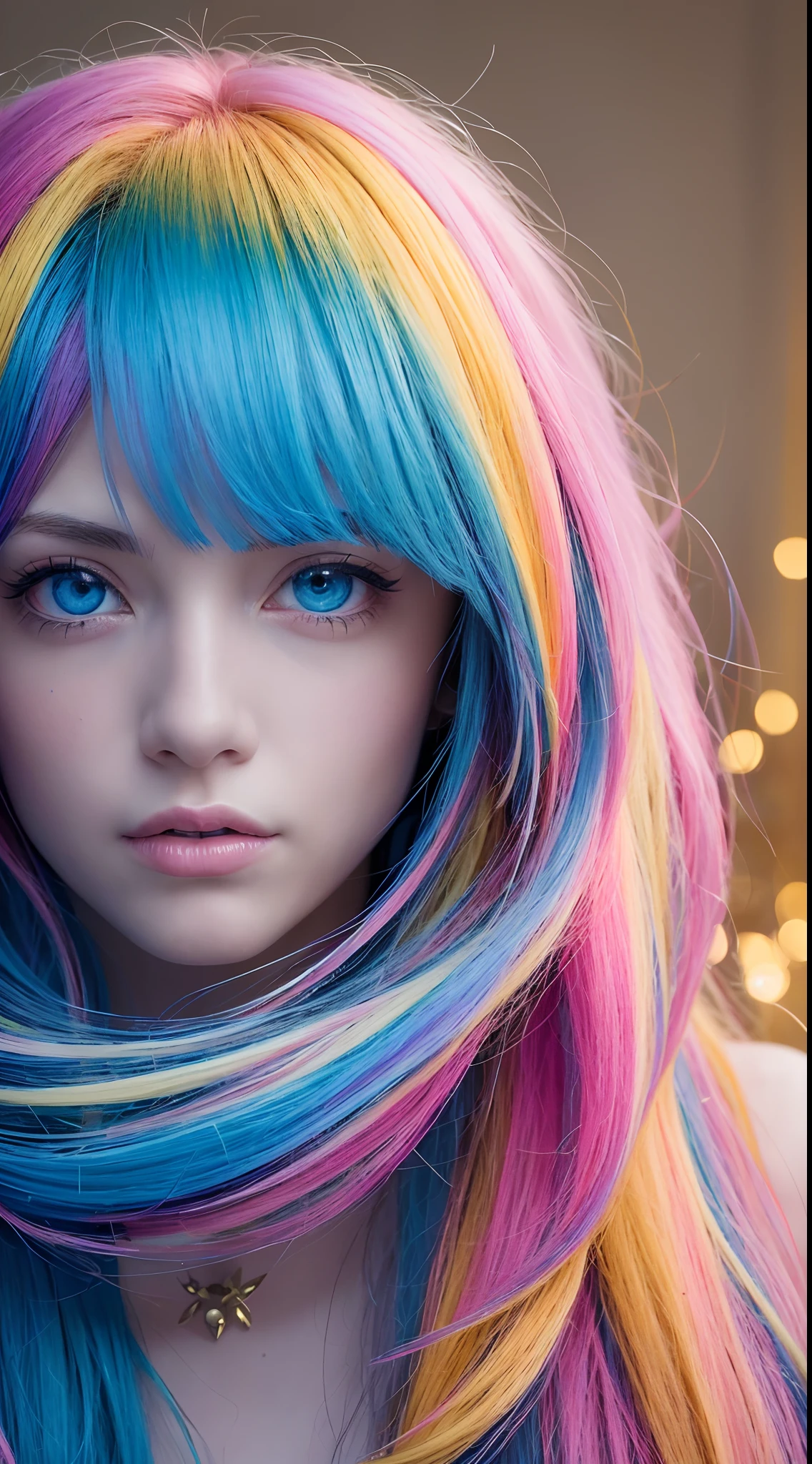 A close up of a woman with colorful hair and a star necklace - SeaArt AI