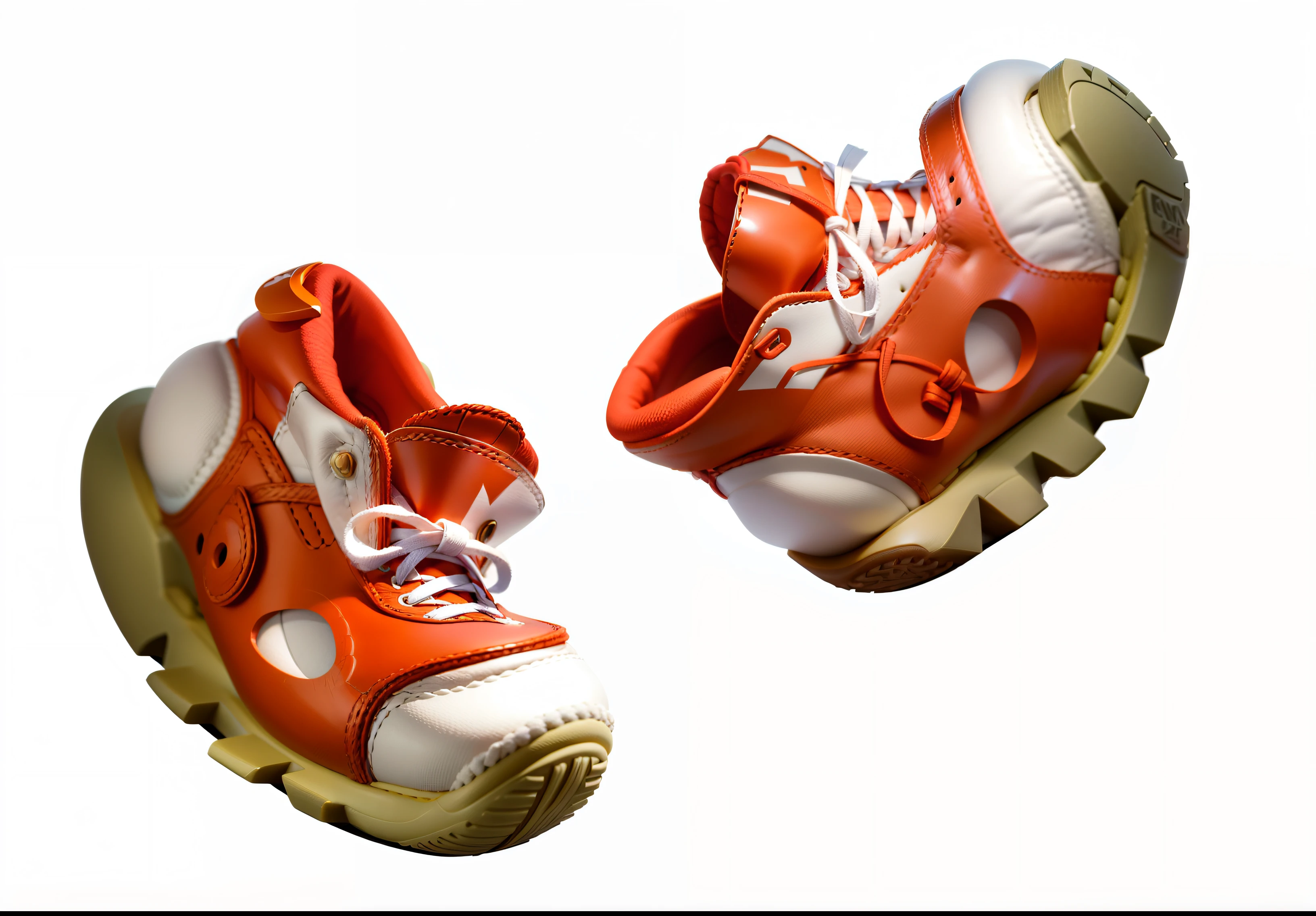 high qulity,2 pairs of identical red travel shoes,cartoonish style,The upper is orange and white,The laces are white,Brown sole,adolable,Rounded,white backgrounid,estilo cartoon 3d,It has a leather texture,detail-rich,