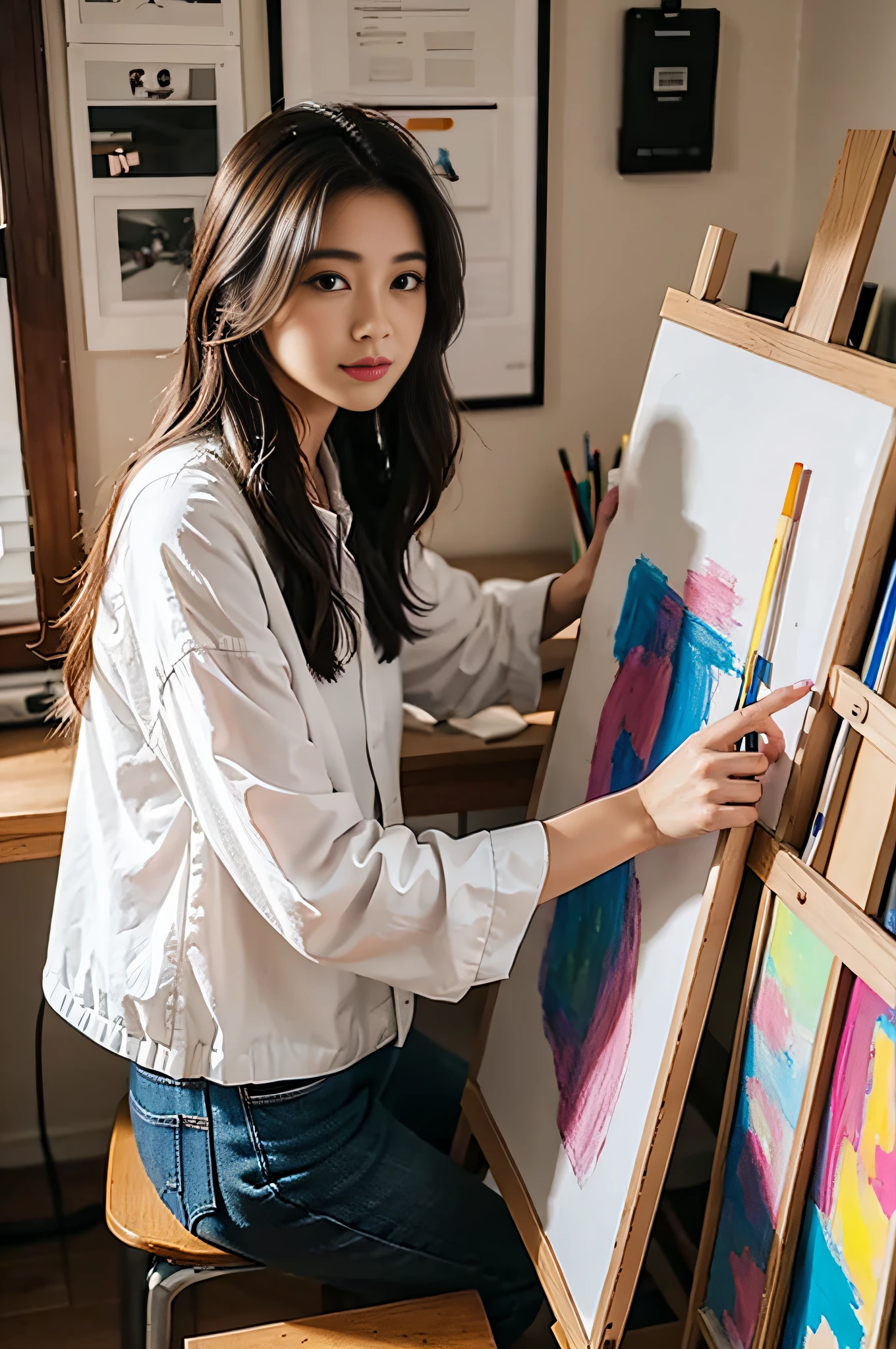 Woman sitting on a stool painting on a canvas in a room - SeaArt AI