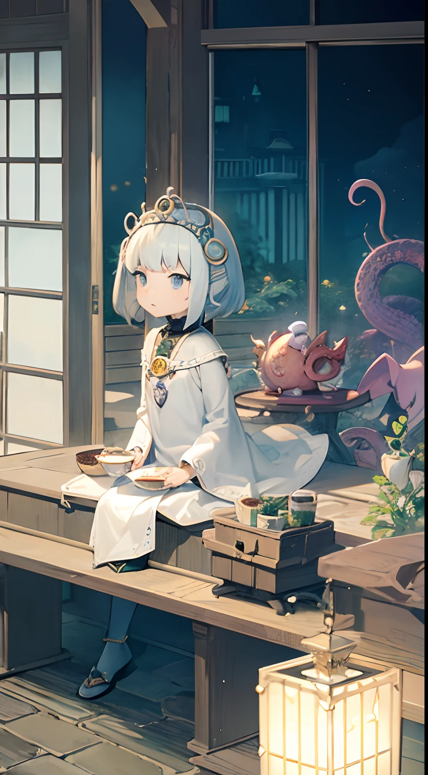 Maurice Sendak, A E Marty, Japanese Anime m, Surreal Mysterious Weird Fantastic Fantasy Sci-Fi, Octopus King, A Girl, Having Tea Together, Minister Shrimp, Seahorse Soldier, hyper detailed, high resolution high definition high quality masterpiece