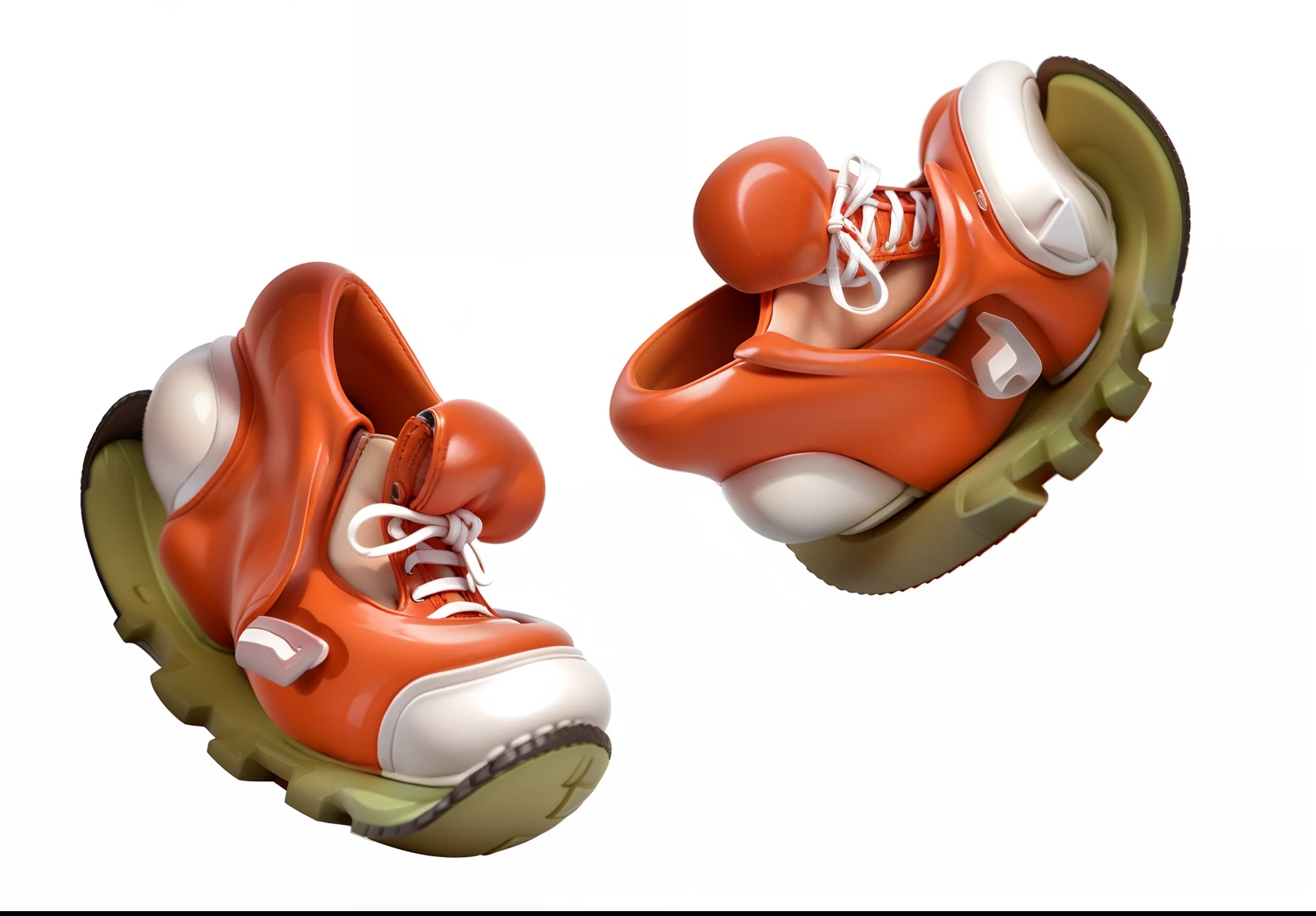 high qulity,2 pairs of identical red travel shoes,cartoonish style,The upper is orange and white,The laces are white,Brown sole,adolable,Rounded,white backgrounid,estilo cartoon 3d,It has a leather texture,detail-rich,