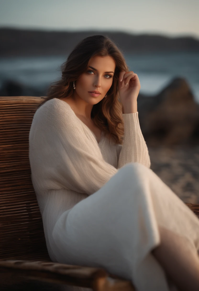 photorealistic, best quality, hyper detailed, beautiful woman, blue eyes, brunette, shooting photo, professionnal photo, upper body, solo, wearing pullover, outdoors, (night),sit on the armchair on the beach, (cheerful, happy), she wear the red long dress, flashlight, fog, clear sky, analog style, looking at viewer, skin texture, film grain, close up, ultra high res, best shadow, RAW, instagram LUT