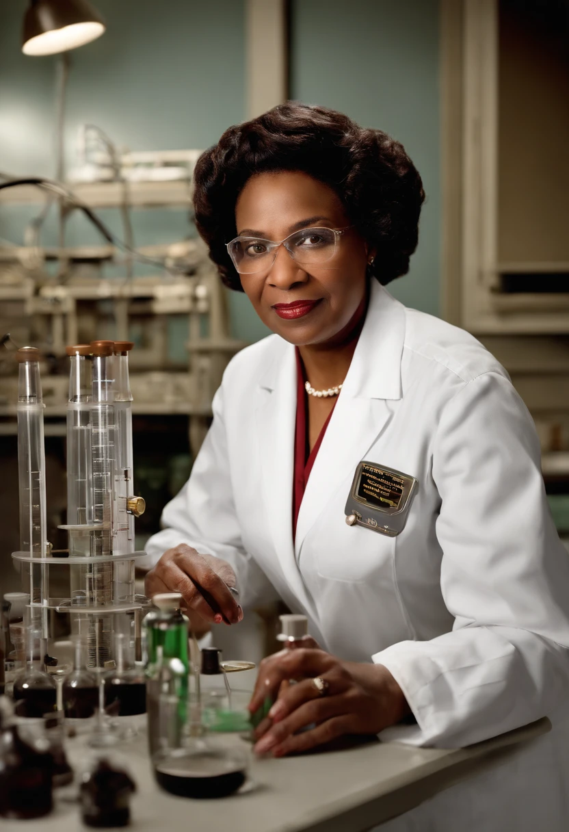 A Realistic Black Woman MARY JACKSON Realistic Black Woman A portrait of Black Mary Jackson, an engineer and mathematician who worked at NASA and became the agency's first black engineer. She is shown in a laboratory in a white coat and goggles, holding a test tube of colored liquid and looking at a table of experimental data.