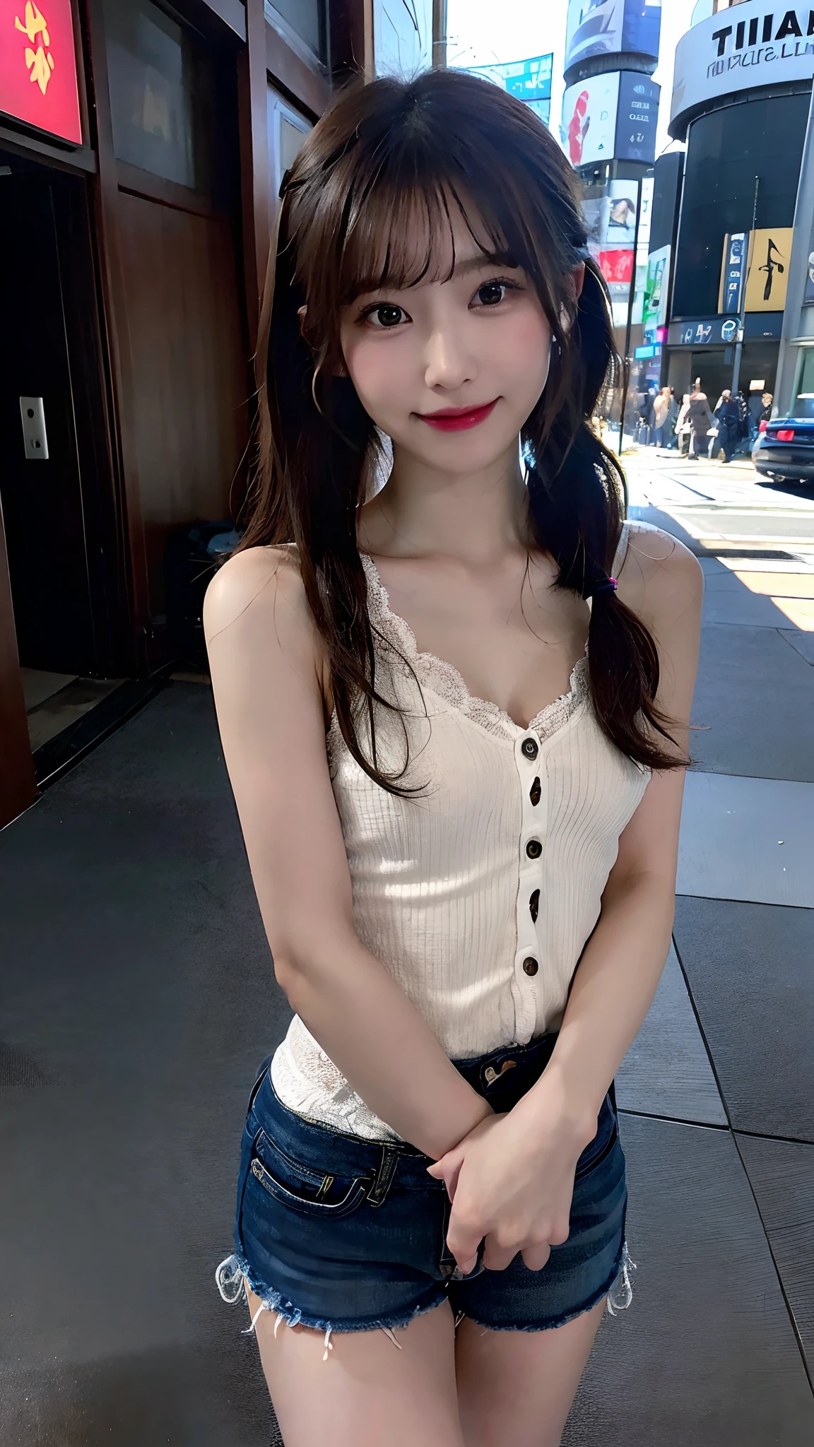 (masterpiece:1.3), (8K, Photorealsitic, Raw photography, Top image quality: 1.4), Japan high school girls、(Random hairstyles:1.2)、(small tits:1.3)、Super Detail Face、Eye of Detail、二重まぶた、foco nítido:1.2、prety woman:1.4、light brown hair、top-quality、masterpiece、超A high resolution、(Photorealsitic:1.4)、very detailed and professional lighting、slender、skinny thigh、Smirking smile:1.2、((Walking through the intersection of Shibuya))、a black T-shirt、Wearing a long cardigan:1.3、Wearing denim shorts、Bare legged、Wear sandals、