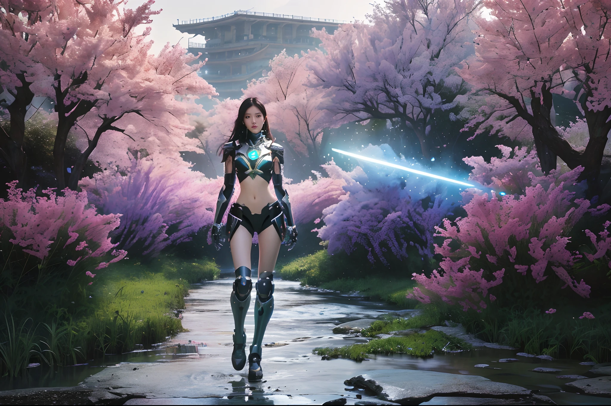 (globalillumination、Full body photo,Front Shooting,radiography、hdr、The rendering is not realistic、reasonable design、high detal、in a panoramic view、best qualtiy、hyper HD) ,River side,Girl in mecha armor,Delicate and sophisticated,Has a symmetrical texture,Take weapons,Machetes,Punk elements,neon trim,
