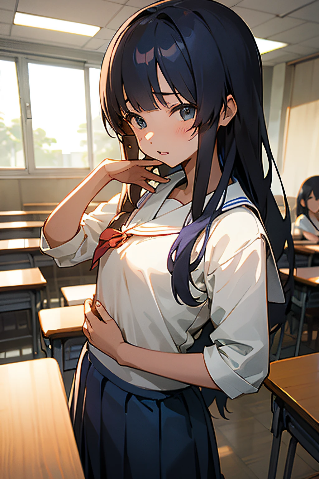 school japan kawaii girls, long blue long hair, school thai uniform, class room