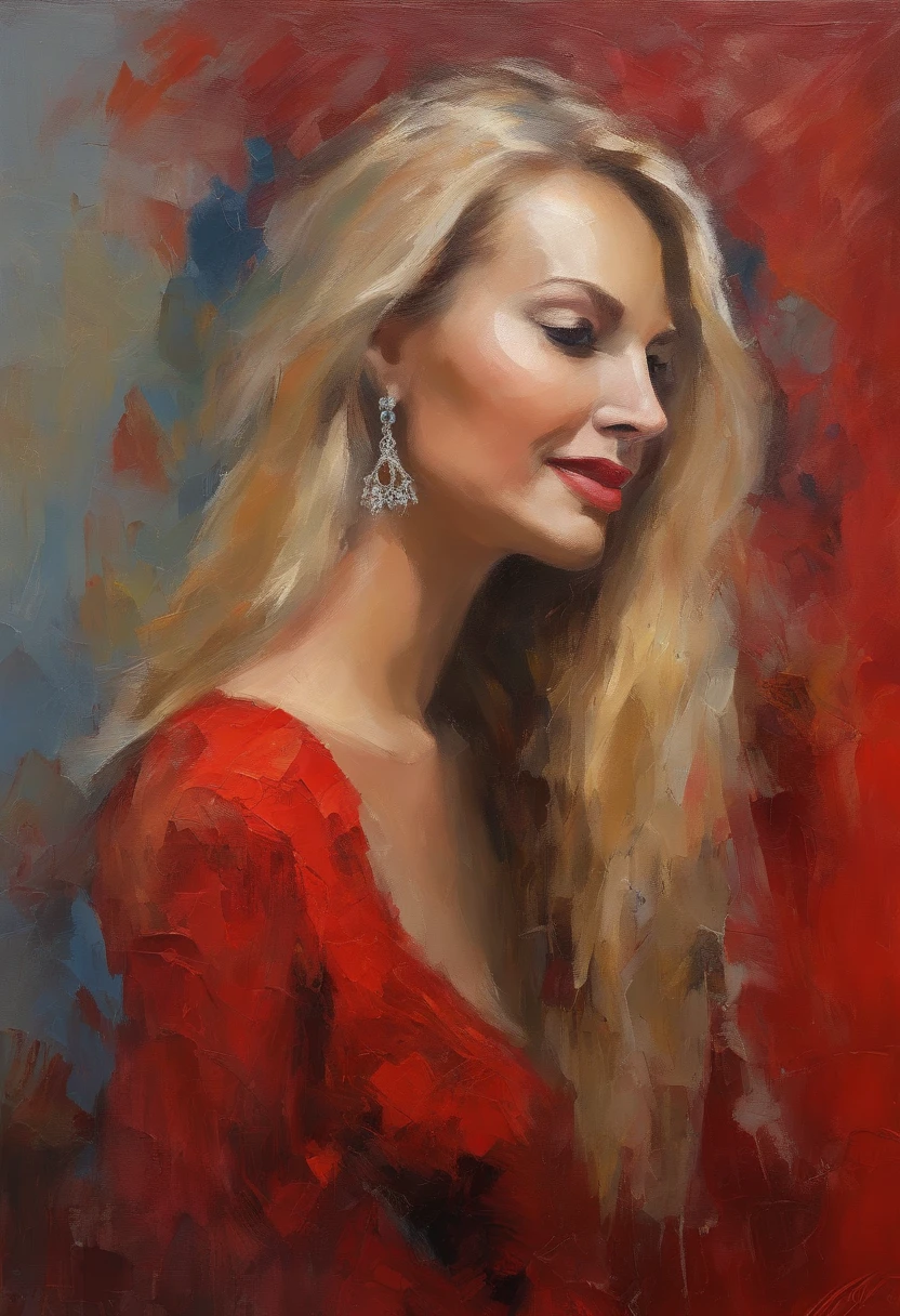 Female portrait, very beautiful woman, long blond hair, smiling eyes, looking right at the point of view, low cut red dress, acrylic painting, bold and expressive brushwork, impressionistic style, detailed face, epic background, expert lighting and shadows, fine art painting, Junyi Liu.