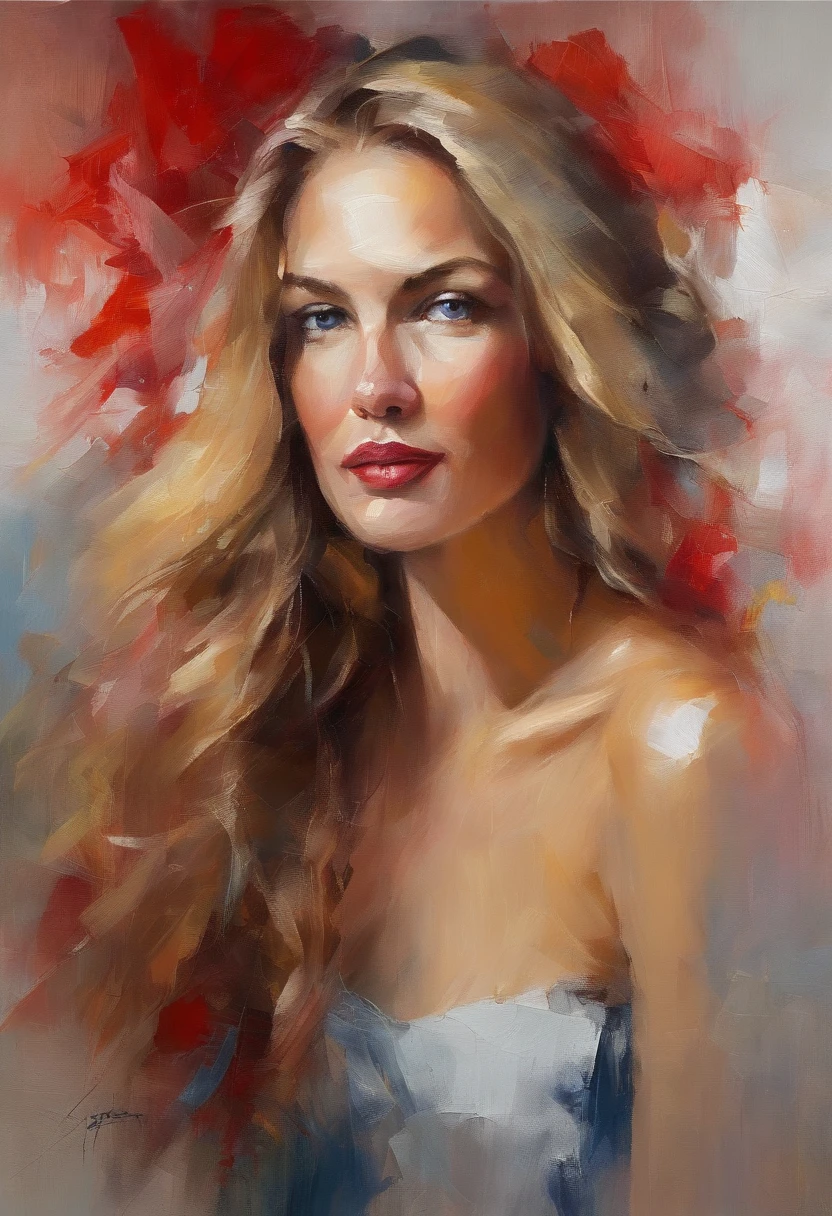 Female portrait, very beautiful woman, long blond hair, smiling eyes, looking right at the point of view, low cut red dress, acrylic painting, bold and expressive brushwork, impressionistic style, detailed face, epic background, expert lighting and shadows, fine art painting, Junyi Liu.
