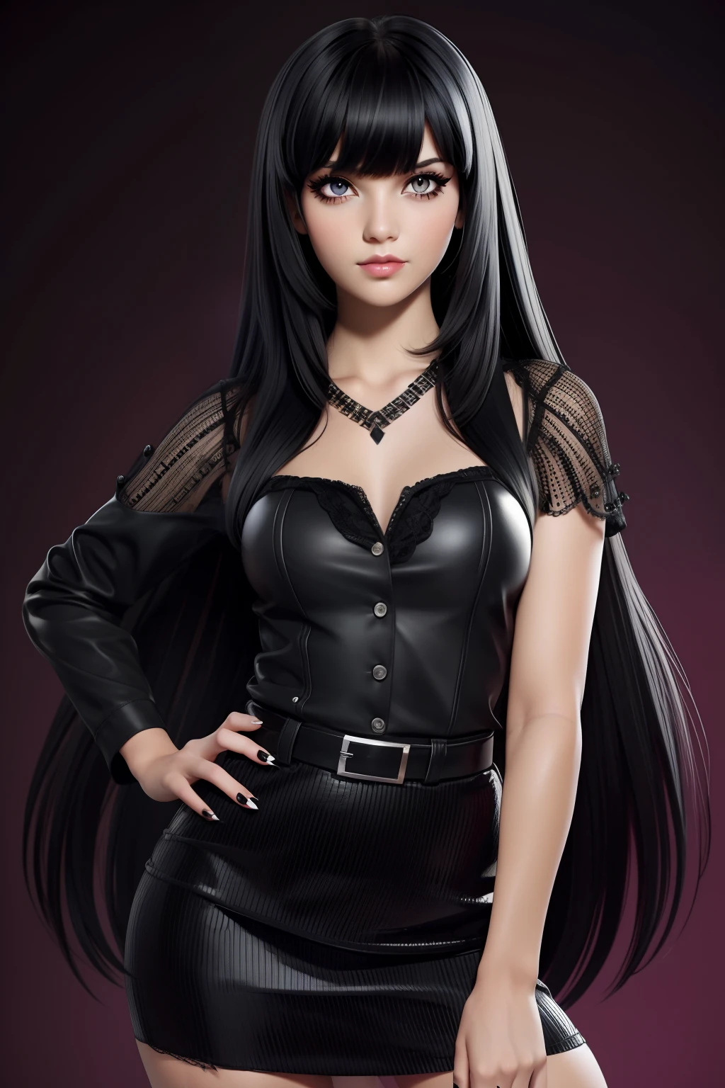 Black long hair with bangs Emo Pin up Girl, Black Faux, Lustrous zomp eyes, Striking a pose