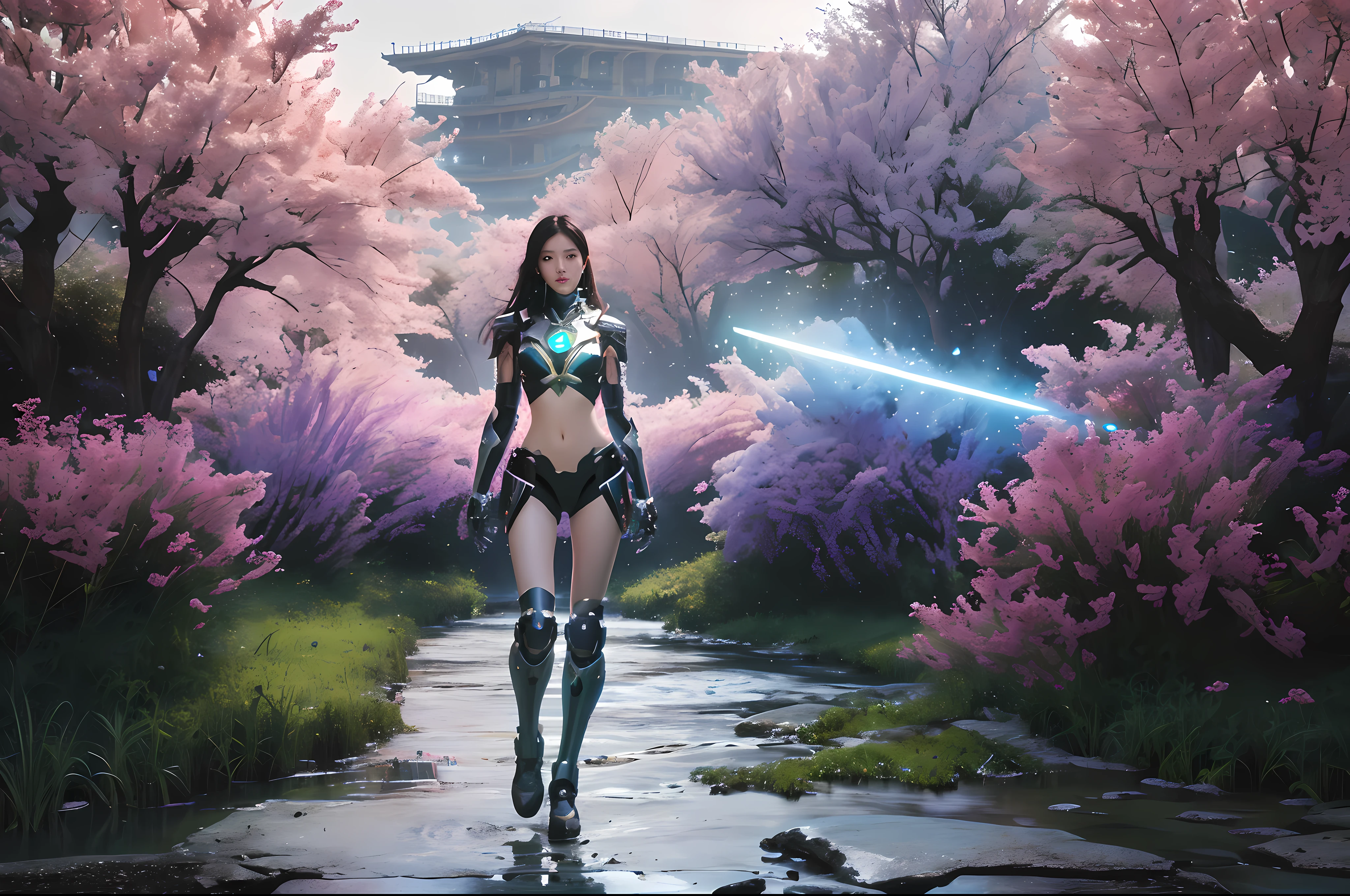 (globalillumination、Full body photo,Front Shooting,radiography、hdr、The rendering is not realistic、reasonable design、high detal、in a panoramic view、best qualtiy、hyper HD) ,River side,Girl in mecha armor,Delicate and sophisticated,Has a symmetrical texture,Take weapons,Machetes,Punk elements,neon trim,