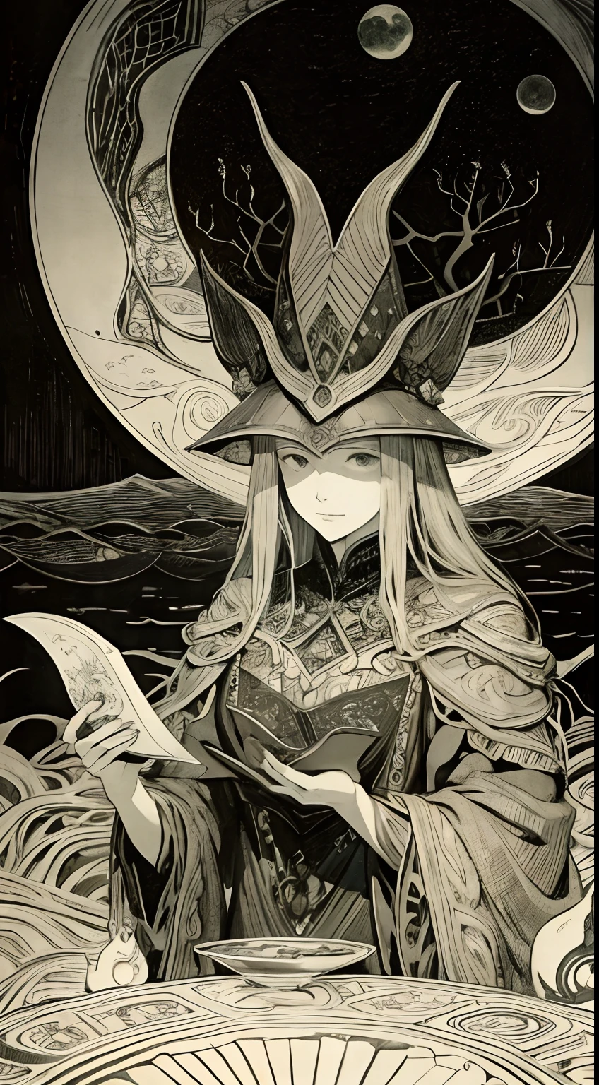 Leonora Carrington, Arthur Rackham, Erte, Ukiyo-e, Japanese anime, surreal, mysterious, bizarre, bizarre, fantasy, sci-fi fantasy, ocean in a cup, whale jumping, astronomical observation, autumn girl, hyper detailed, high resolution high definition high quality masterpiece