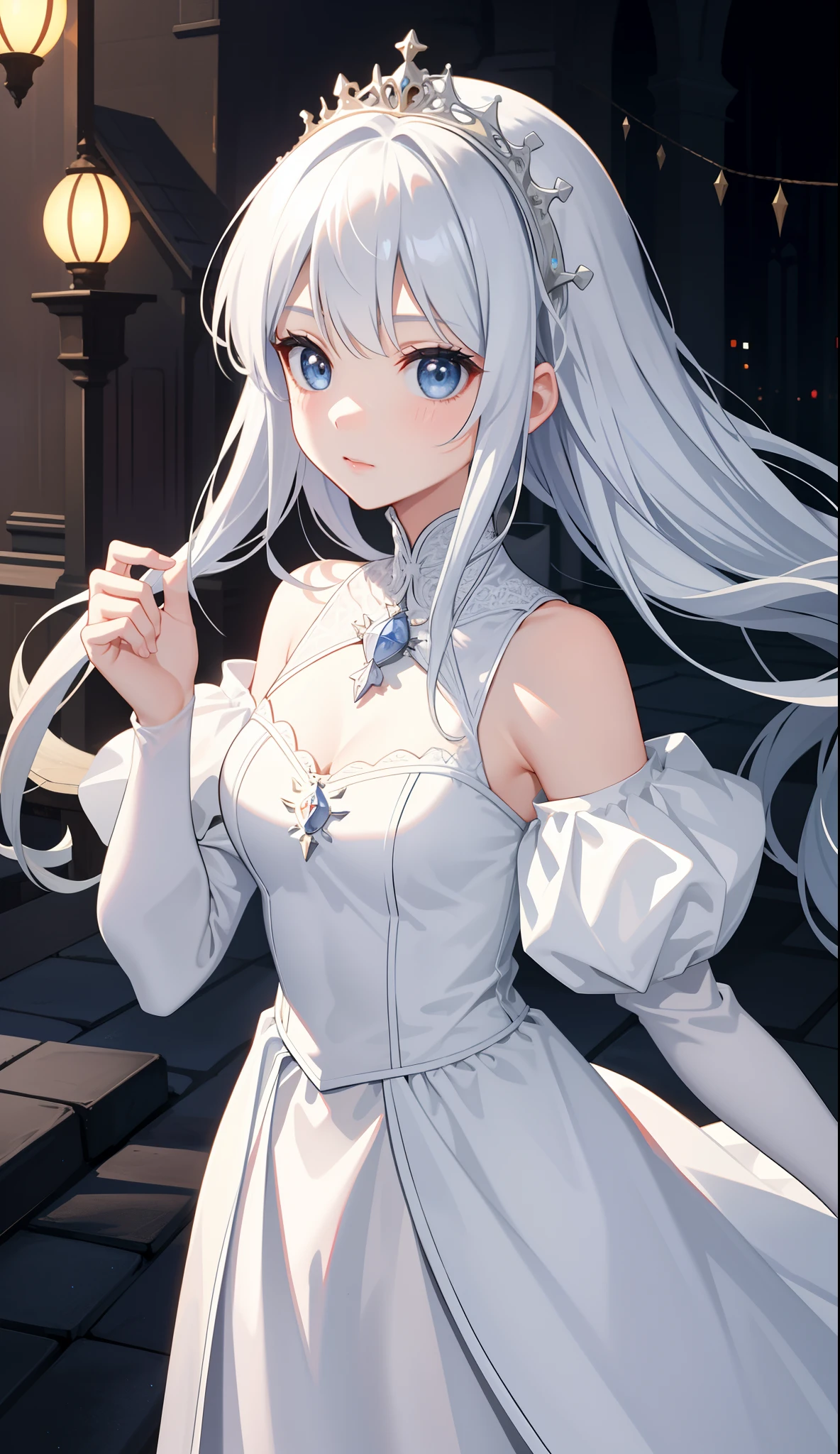 young girl, Long white hair, cat ears, cat tail, blue eyes, Blue luxurious tight dress, ssmile, Masterpiece, hiquality