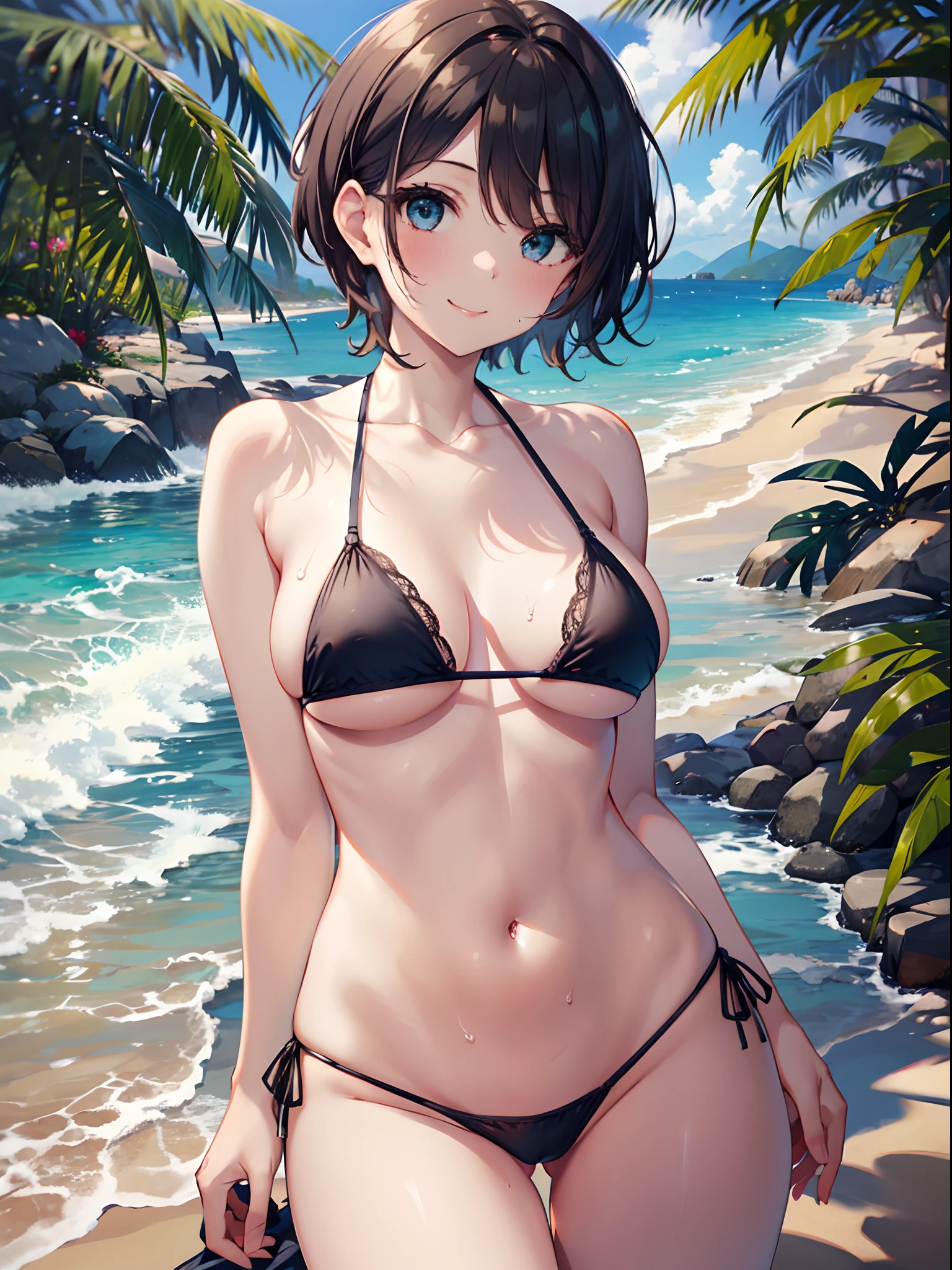 1girl in, (Chiquita:1.2), 1girl in, sarashina_ruka,  short-hair, Dark hair,
(Close Shot, Best Quality, hight resolution, 4K, Detailed Lighting, Shaders, NSFW), 
Micro Bikini, 
Smiling, Sweat, Nipple, 
plein air, beach,