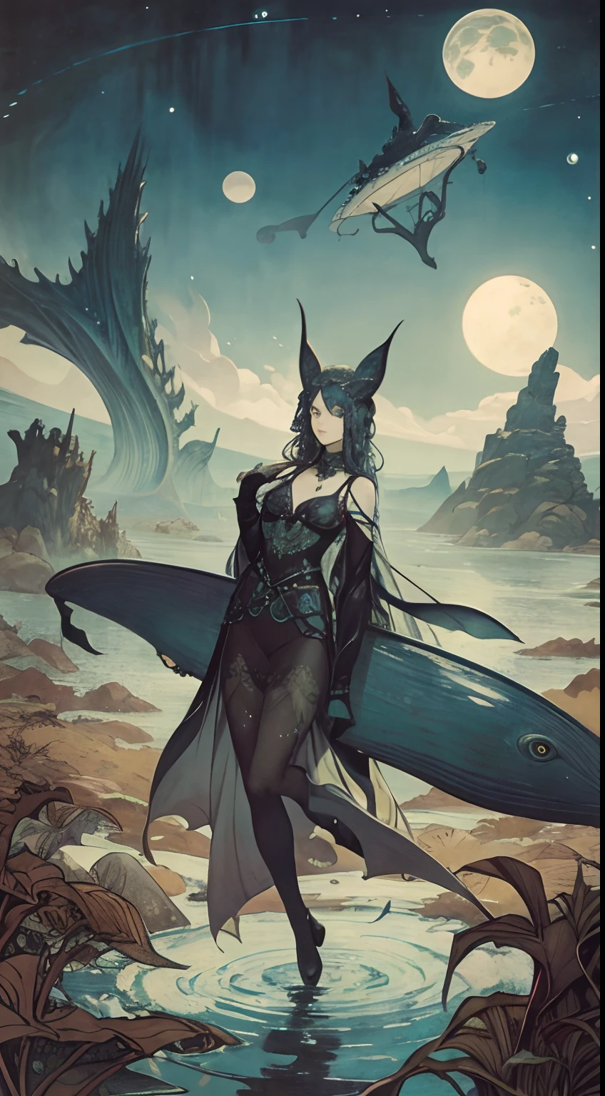 Leonora Carrington, Arthur Rackham, Erte, Ukiyo-e, Japanese anime, surreal, mysterious, bizarre, bizarre, fantasy, sci-fi fantasy, ocean in a cup, whale jumping, astronomical observation, autumn girl, hyper detailed, high resolution high definition high quality masterpiece