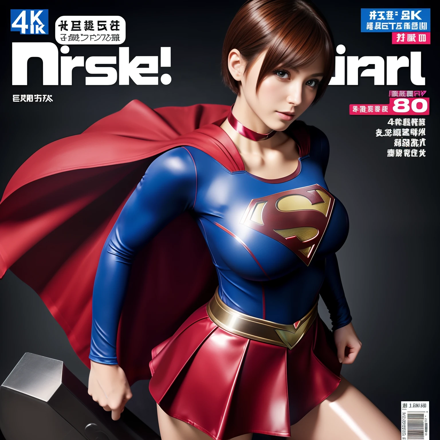 (Best Quality,4K,8K,hight resolution,masutepiece:1.2),Ultra-detailed,Realistic:1.37,Super masterpiece,Short-haired Supergirl、large full breasts、Looking at the camera、Glossy costume、a choker、Too short miniskirt、Weekly magazine cover、Powerful Pose