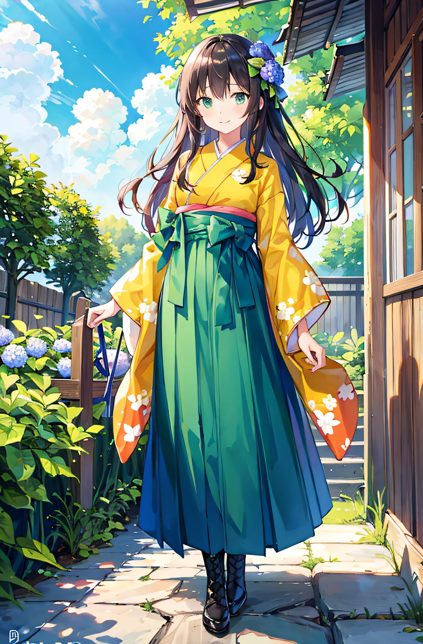 ((​masterpiece、top-quality、ighly detailed、insanely detaileda、Detailed CG、8k wallpaper))、(1girl in:1.4)、Super Idol、face perfect、Teen、plein air、(Summer Cloud:1)、(A dark-haired、The long-haired、Hakama、Kimono:1.1)、hair adornments、Walking、(hydrangeas:1)、(green leafs)、long boots、Standing、独奏、Look at viewers