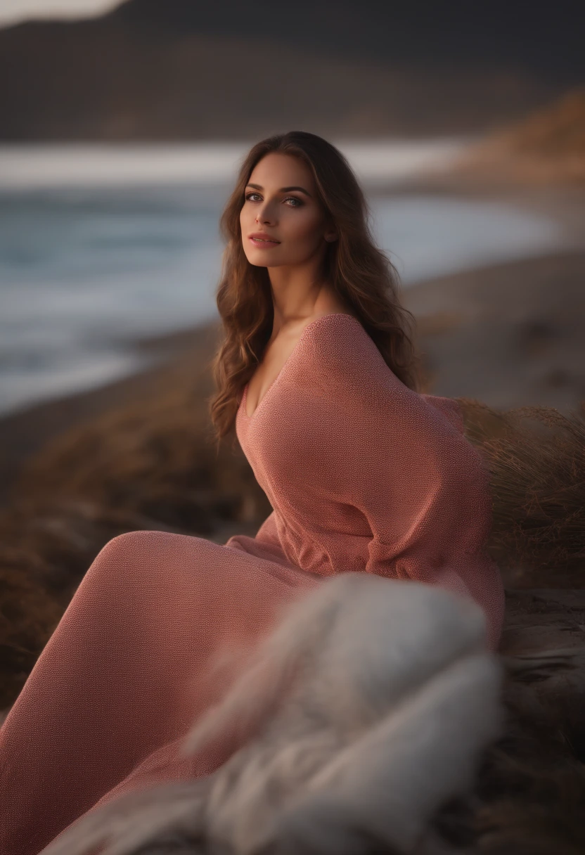 photorealistic, best quality, hyper detailed, beautiful young woman, blue eyes, brunette, shooting photo, , upper body, solo, wearing pullover, outdoors, (night),sit on the armchair on the beach, (cheerful, happy), she wear the red long dress, flashlight, fog, clear sky, analog style, looking at viewer, skin texture, film grain, close up, ultra high res, best shadow, RAW, instagram LUT, 4K
