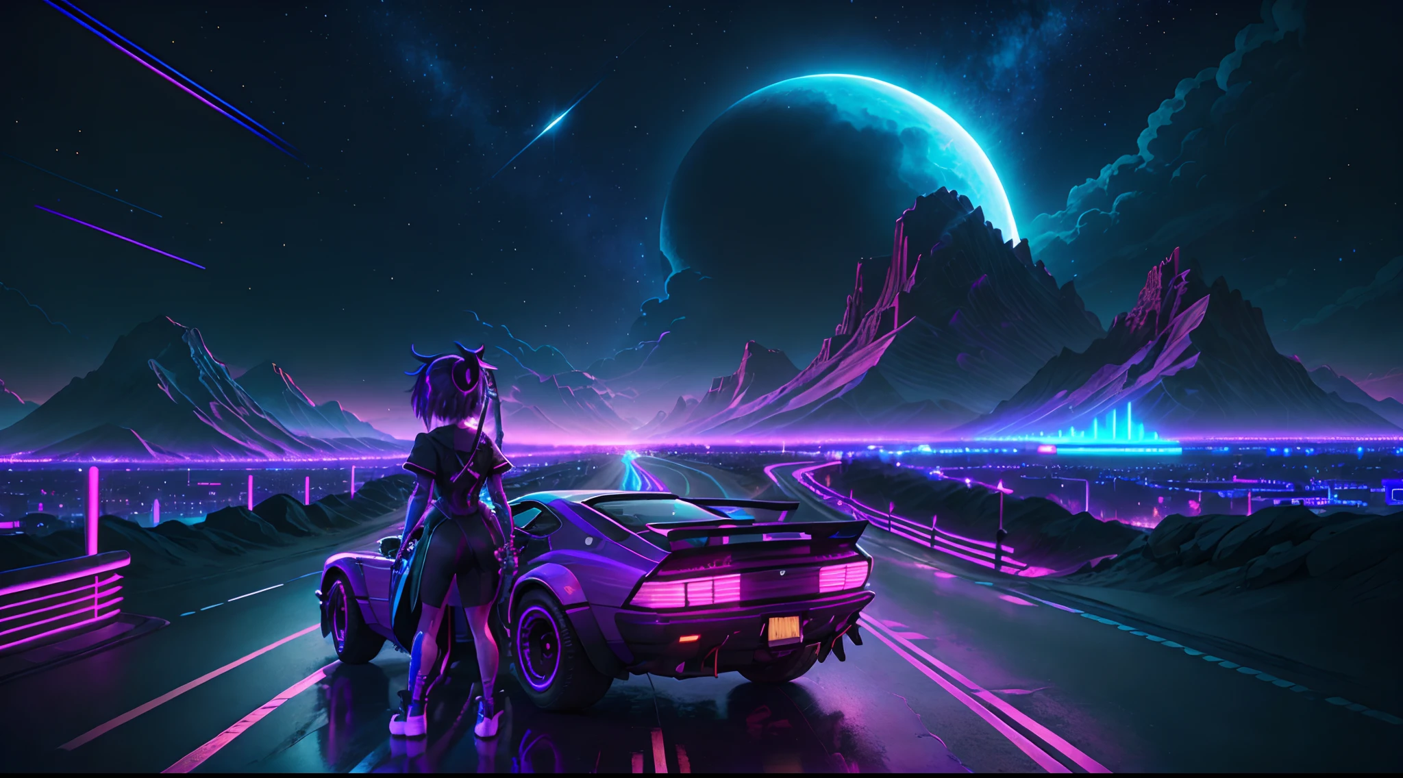 retro wave, road, city, purple and blue neon lights, sun, mountain, night sky, futuristic, (masterpiece, ultra detailed, high resolution), girl purple hair enjoying using headphones, car .