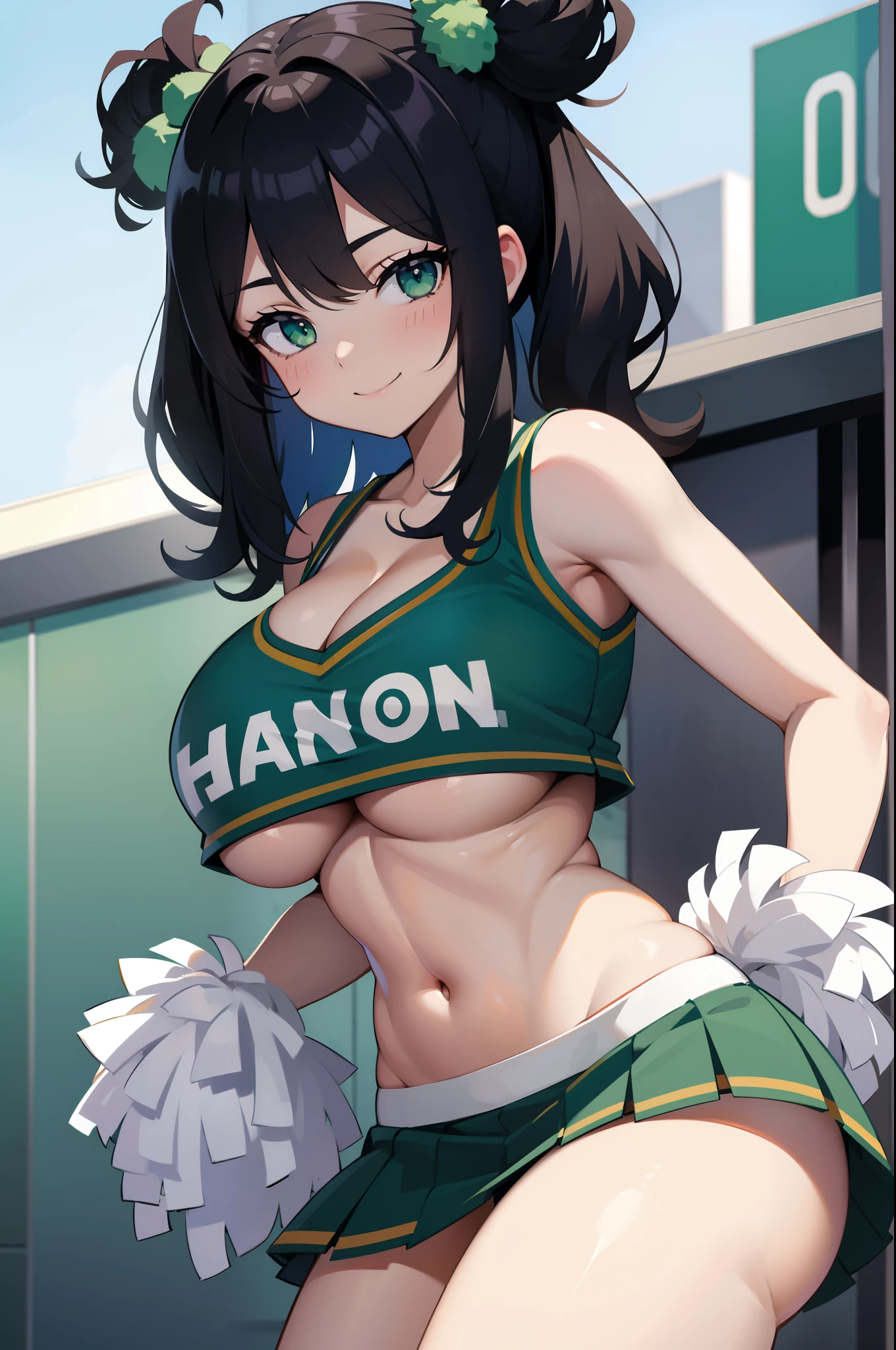 Cheerleader uniform, pom poms, huge breasts, cleavage, smile, black hair, green eyes, seductive eyes, detailed eyes and face, micro skirt, panty peak,