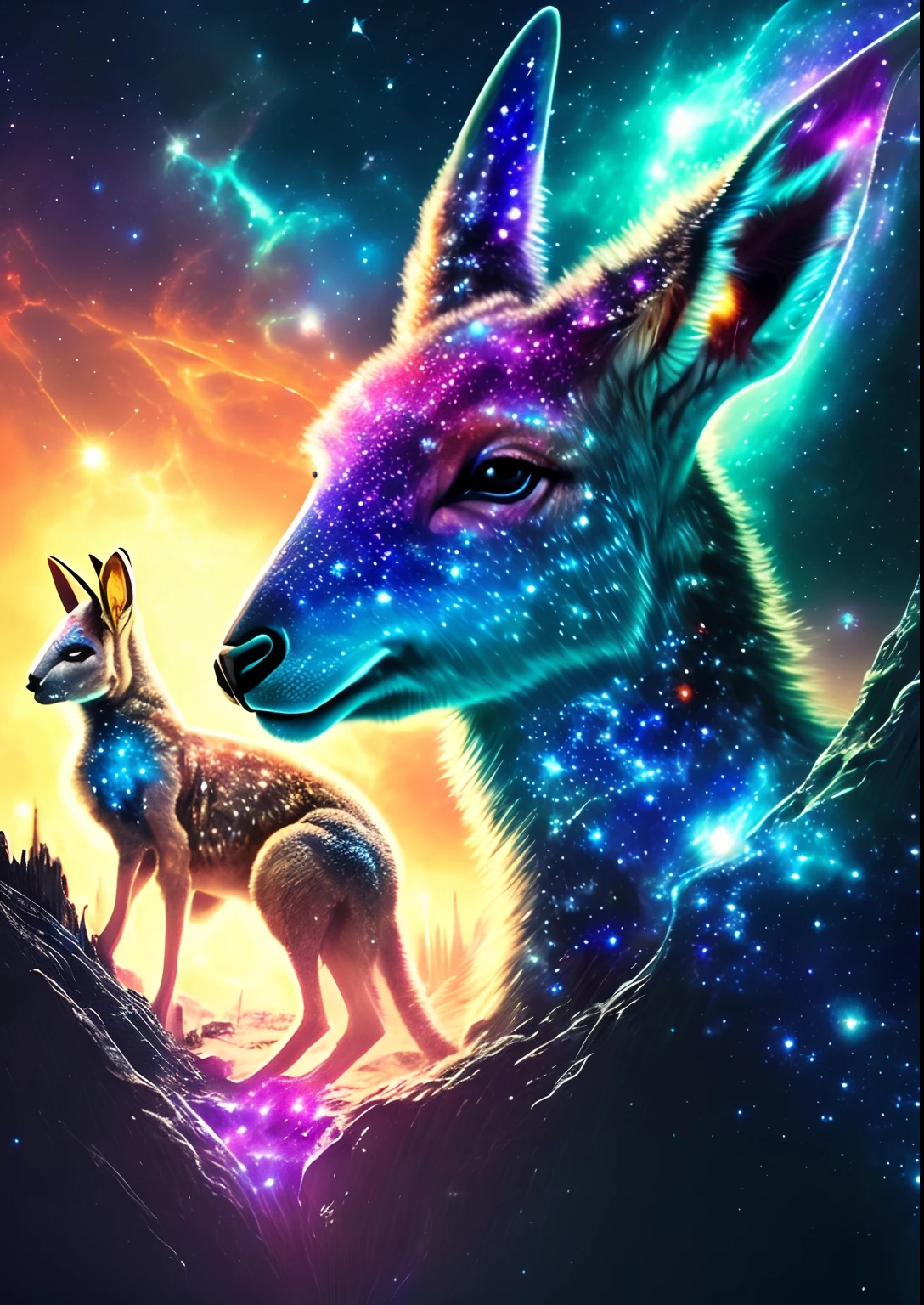 dreamlikeart, galaxy, outer space, nebula, star, [cyberpunked] Kangaroos from the stars... (star:1.5),