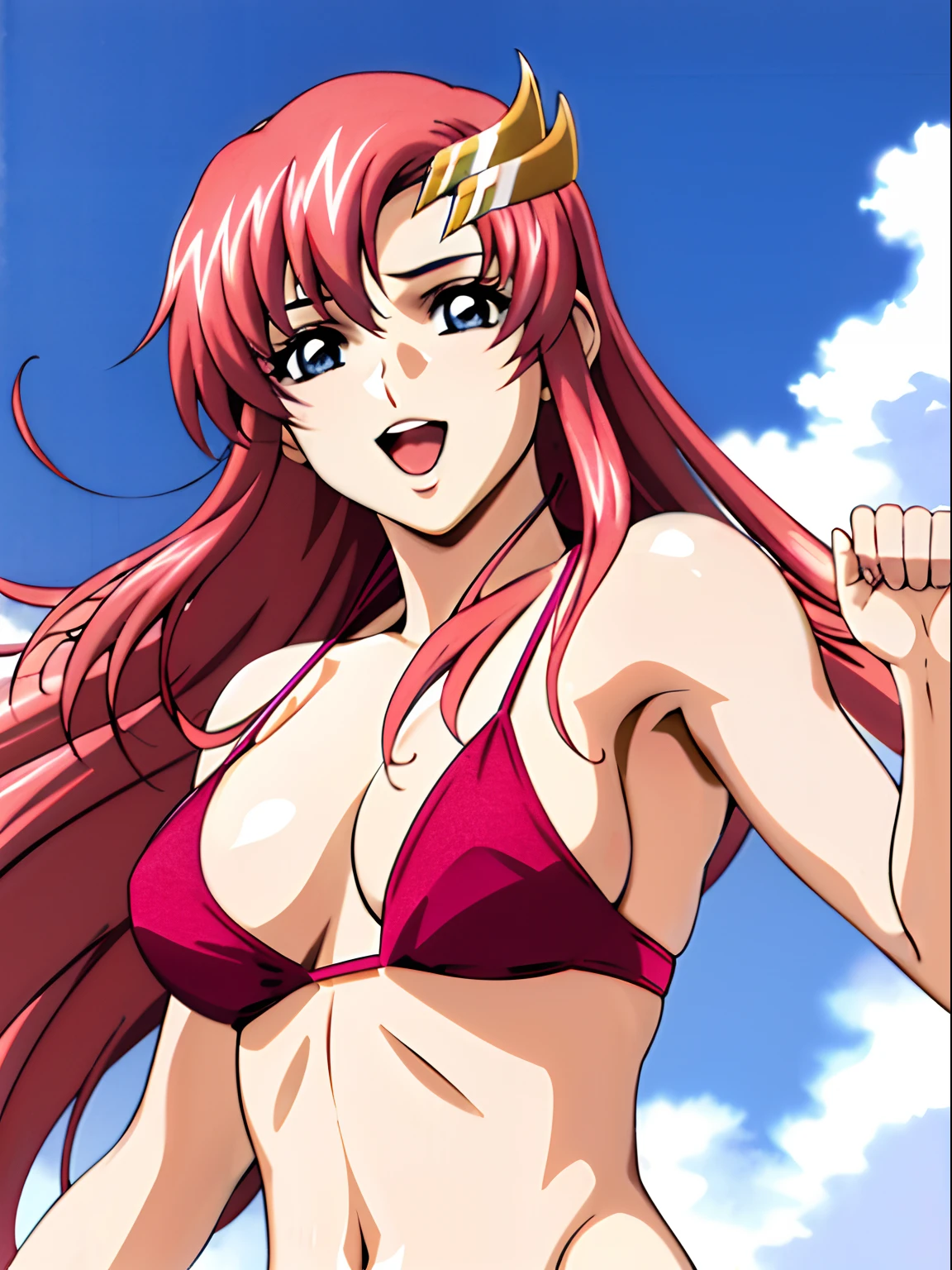 (masterpiece, upper body view, 4K, Best Quality, Anime style: 1.9,, Adult Woman, ultra detailed face, (cloud background, wrestling), Drawing lines, high resolution, Anime, lacus4), 1girl, Solo, curvy figure, Long hair, 鎖骨, scapular, (Detailed wide hair bangs, Hair Ornament, Detailed reddish-pink hair, golden crest), cleavage, large hands, (female wrestler). (Big blue eyes, shiny eyes), ((female wrestler, little biceps, slender body, broad shoulders, closed fists)), ((perfect proportions, medium breasts, long belly)), (((micro bikini, pink wrestling gear, champion))), happy, smile, open mouth, (belly dancing, looking at the viewer), tilt belly , showing off underarm, (elegant lady)