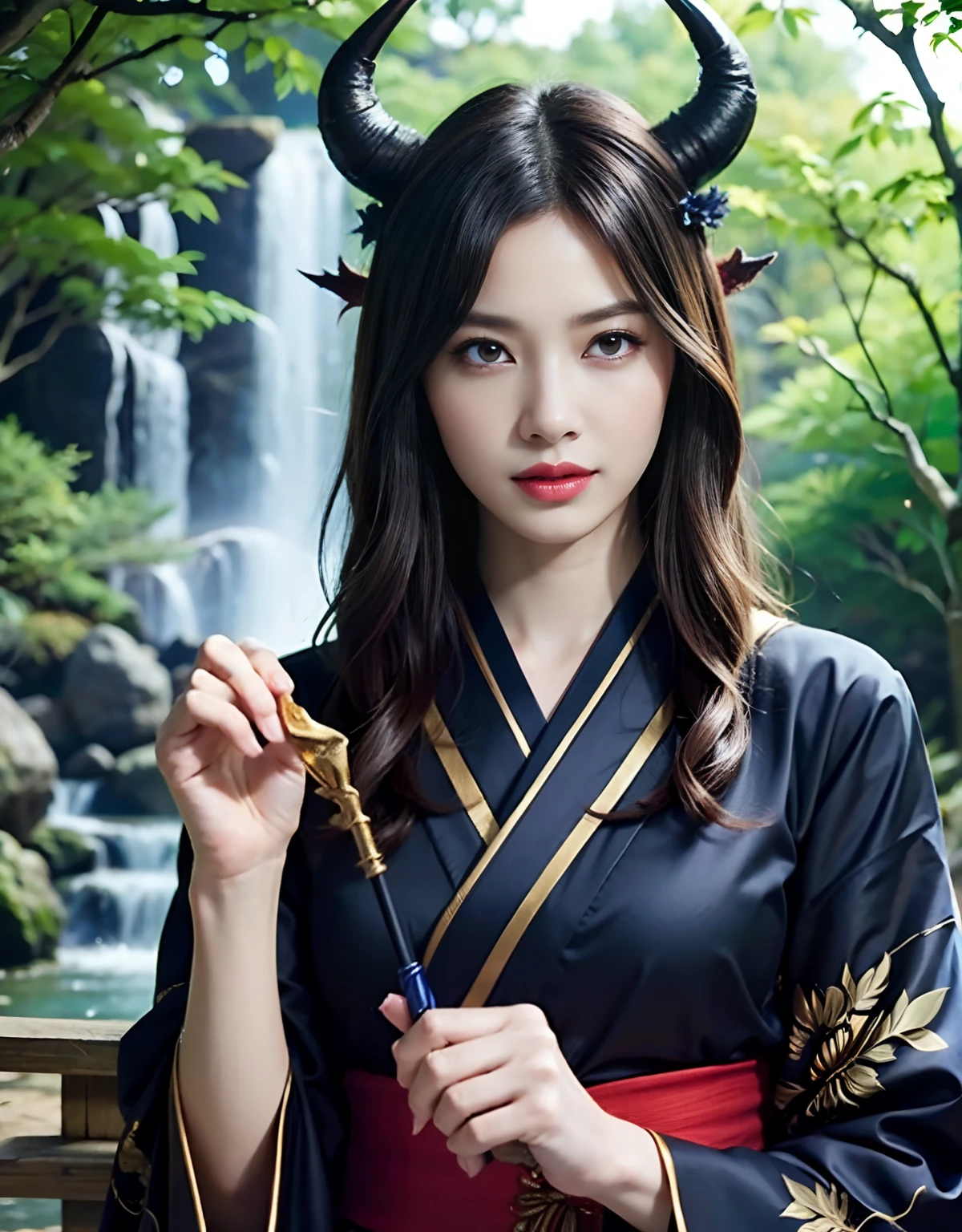 (((Fierce battle with aliens))),Professional , ​masterpiece、top-quality、photos realistic , depth of fields 、（sexypose）、(Black maple on the background of full bloom),（Ultimate Beauty）、A dark-haired、Mystical expression、（shrine background)、（Kimono with beautiful pattern）、（Night background）、Beautiful hair ornament on the head、,(intense fighting）,（（Precipitous cliffs））,(Wear a beautiful kimono),（Wear a colorful and beautiful kimono）、（Japan Castle Background）、Jewel Gold Weapon、Particles of light),(intense fighting）、Gorgeous gold weapons ,Castle background、（（ Gorgeous Dragon Sword）） , （a dark night）,,（maikurobikini） 、（（Black Haired Beautiful Girl））、（Castle background）、（demonic wings）、（（Gangle's forest background））、Beautiful Caucasian beauty、１a person、dynamic ungle,(((Two devil's horns on the head)))、Smaller head、Idle Smile、Thin and beautiful female hands、Mystical expression、Light Effects、intense fighting、Wind-effect、magic circles、With the legendary magic wand、Dragon's tail、Anatomically correct fingers、