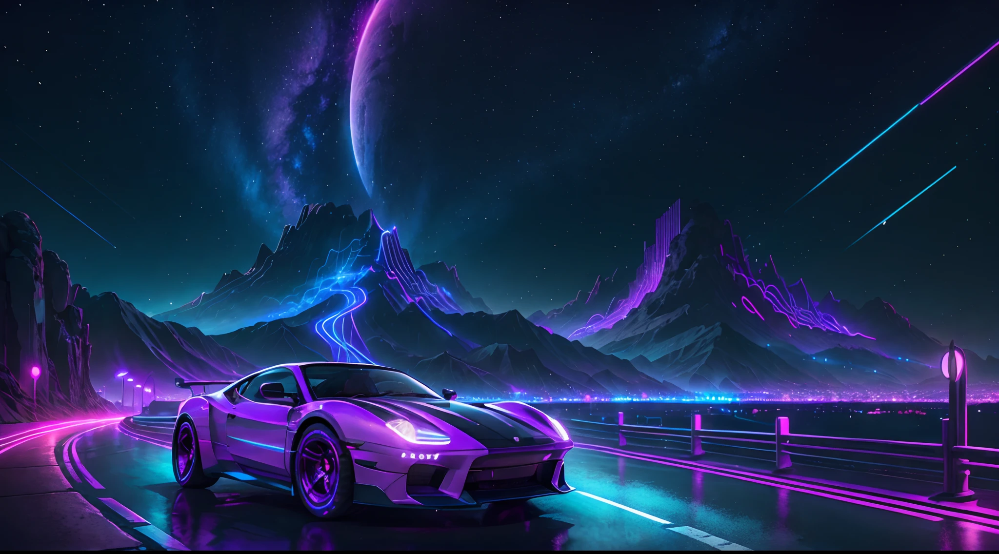 retro wave, road, city, purple and blue neon lights, sun, mountain, night sky, futuristic, (masterpiece, ultra detailed, high resolution), girl purple hair enjoying using headphones, car .