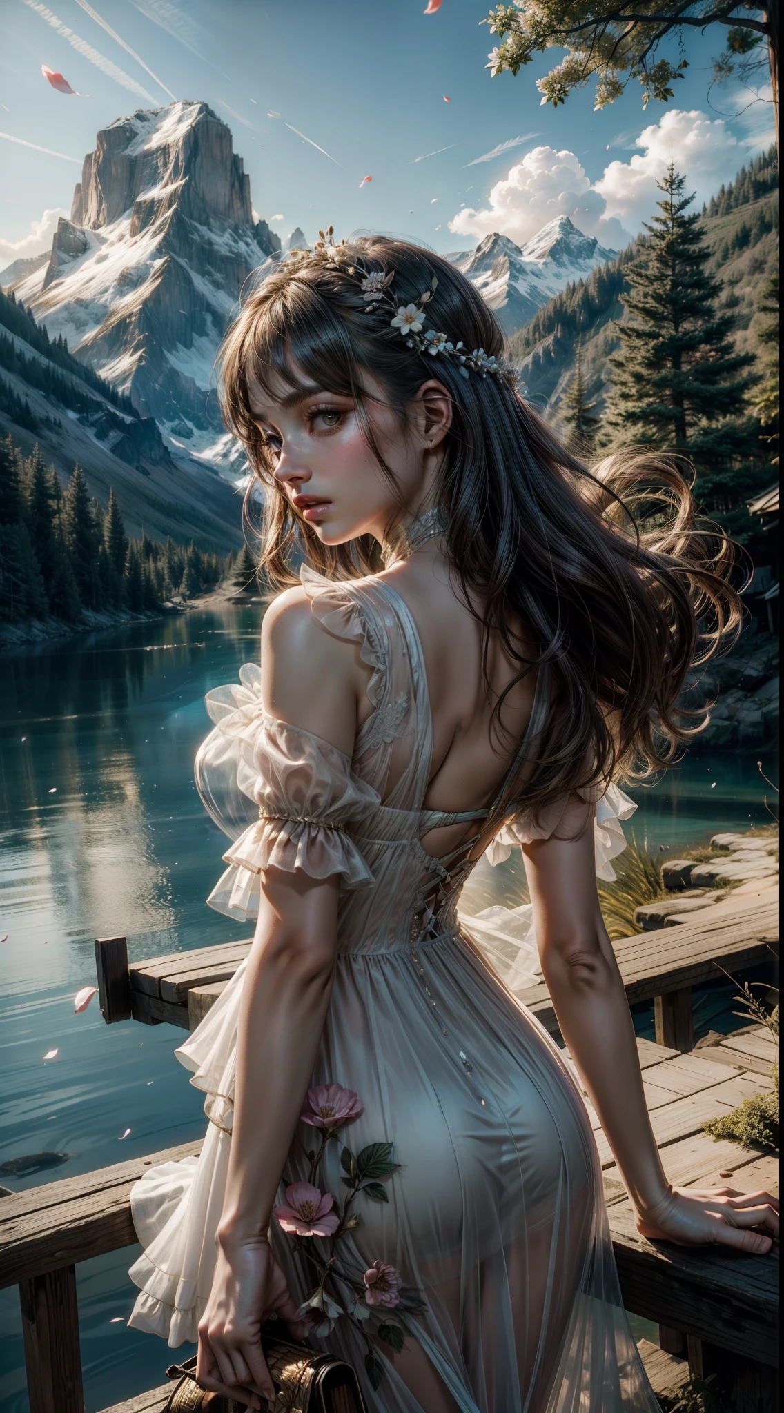 Woman in white stockings,In the meadow,playing water