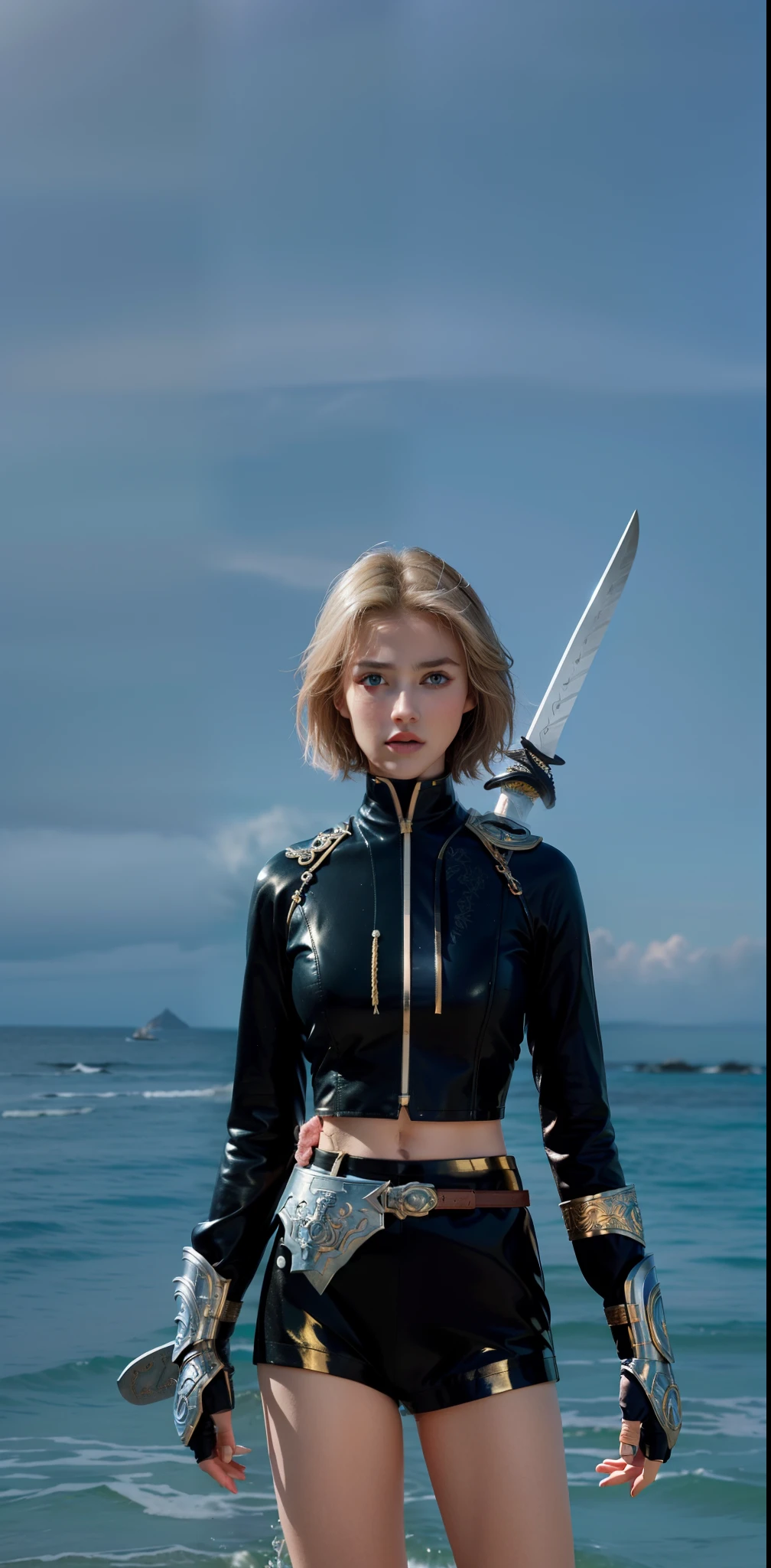 Best quality, masterpiece, big boobs, (large breasts), detailed skin texture, detailed cloth texture, detailed face, super detail, 8k, intricate detail, 1girl, 30 years old, high contrast, high resolution eyes, detailed hair, realistic hair, Korean, blonde short haired, white katana, detailed clothes