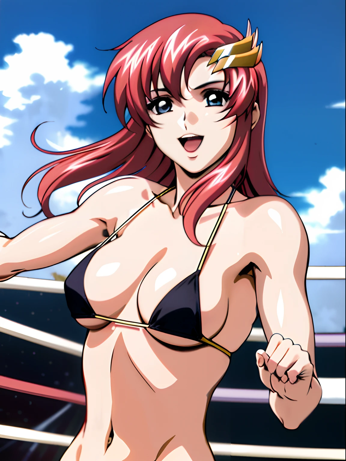 (masterpiece, upper body view, 4K, Best Quality, Anime style: 1.9,, Adult Woman, ultra detailed face, (cloud background, wrestling), Drawing lines, high resolution, Anime, lacus4), 1girl, Solo, curvy figure, Long hair, 鎖骨, scapular, (Detailed wide hair bangs, Hair Ornament, Detailed reddish-pink hair, golden crest), cleavage, large hands, (female wrestler). (Big blue eyes, shiny eyes), ((female wrestler, little biceps, slender body, broad shoulders, closed fists)), ((perfect proportions, medium breasts, long belly)), (((micro bikini, pink wrestling gear, champion))), happy, smile, open mouth, (belly dancing, looking at the viewer), tilt belly , showing off underarm, dirty armpit, (elegant lady)