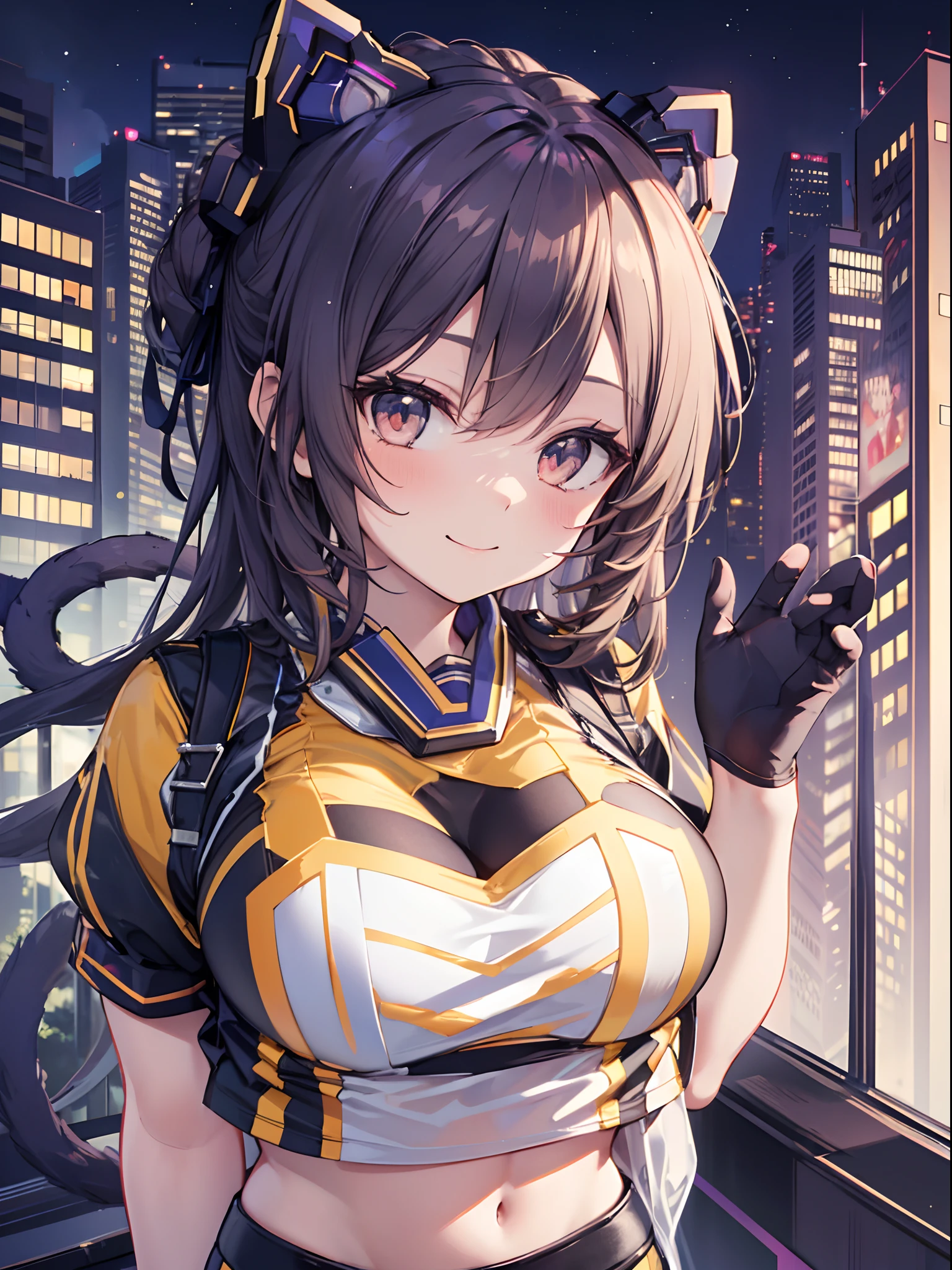 1girl in, (Chiquita:1.2), IP1, 1girl in, (Cat mask, croptop, Tight pants, Twin-tailed, Short sleeves, gloves), 
(Close Shot, Best Quality, hight resolution, 4K, Detailed Lighting, Shaders, NSFW), 

Smiling,
Dynamic Pose, 
skyscraper, night, 
Looking at Viewer,