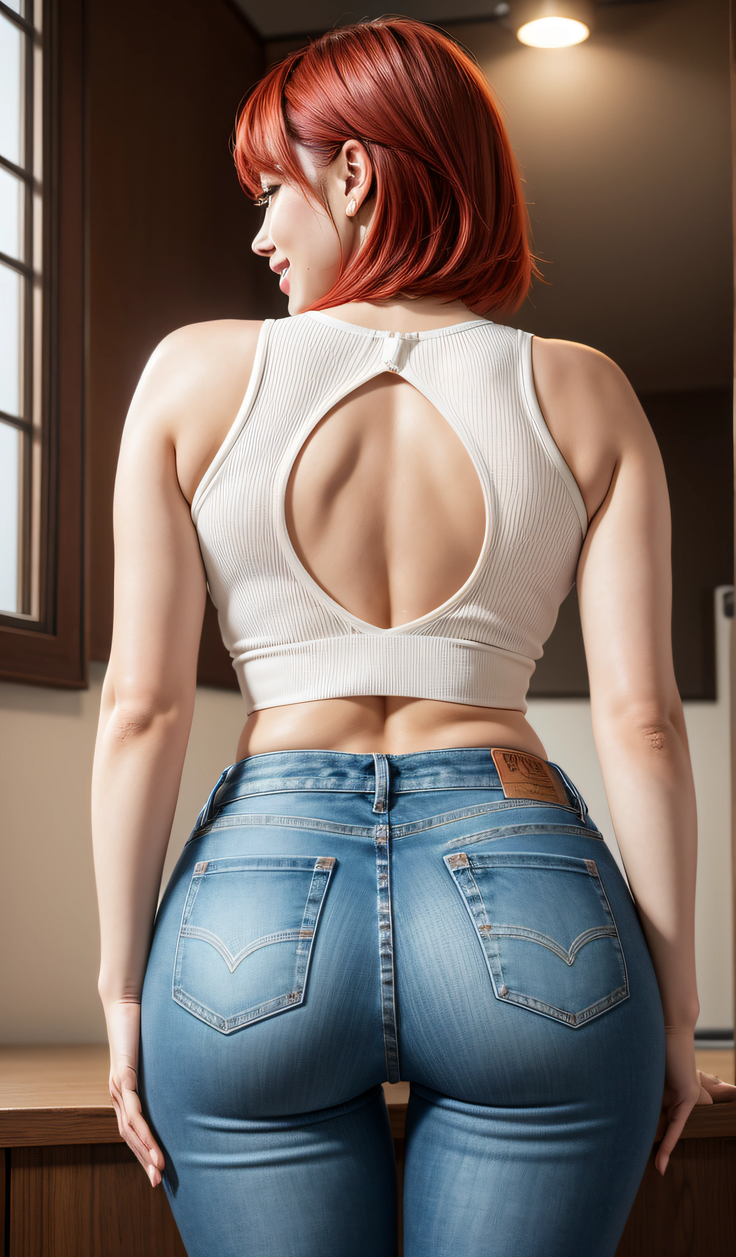 8K, Masterpiece, RAW photo, Best quality, Photorealistic, Extremely detailed CG unifies 8K, 8K, Diamond, and wallpaper, Depth of field, Cinematic light, Lens flare, Ray tracing, Super sexy Maria dressed (Low-cut and tight (Ultra-short,denim hot-pants)),((full bodyesbian)),((Long legs)), (thigh gap:1.5),Narrow waist、(Wide buttock),(big assa),Pretty Korean girl, Kpop idol, 1 girl, (Very slim and slender muscular body:1.3), ((view the viewer)),(Big smile:1.3),Narrow waist、(big assa),((White crop top top:1.5) Vest with exposed neckline), Short hair, Red hair, photorealestic, photography of, (A high resolution), (realisticlying:1.4), (very intricate), (exquisitedetails), highly detailed, A high resolution, Original, Extremely detailed 8k wallpaper, best qualtiy, 详细的脸, ultra - detailed, RAW photogr, realisticlying, (Extremely beautiful face, Beautiful lips, Beautiful eyes), intricate detail face, (Plump red lips),((ultra detailed skin),(Low-cut and tight (Flare Jeans)),(thigh gap:1.5),Narrow waist、(Wide buttock),(big assa), (view the viewer:1.3) Short hair, Red hair,open breast, Very slim, Medium breasts, Turn Back, Back shot, , underwear