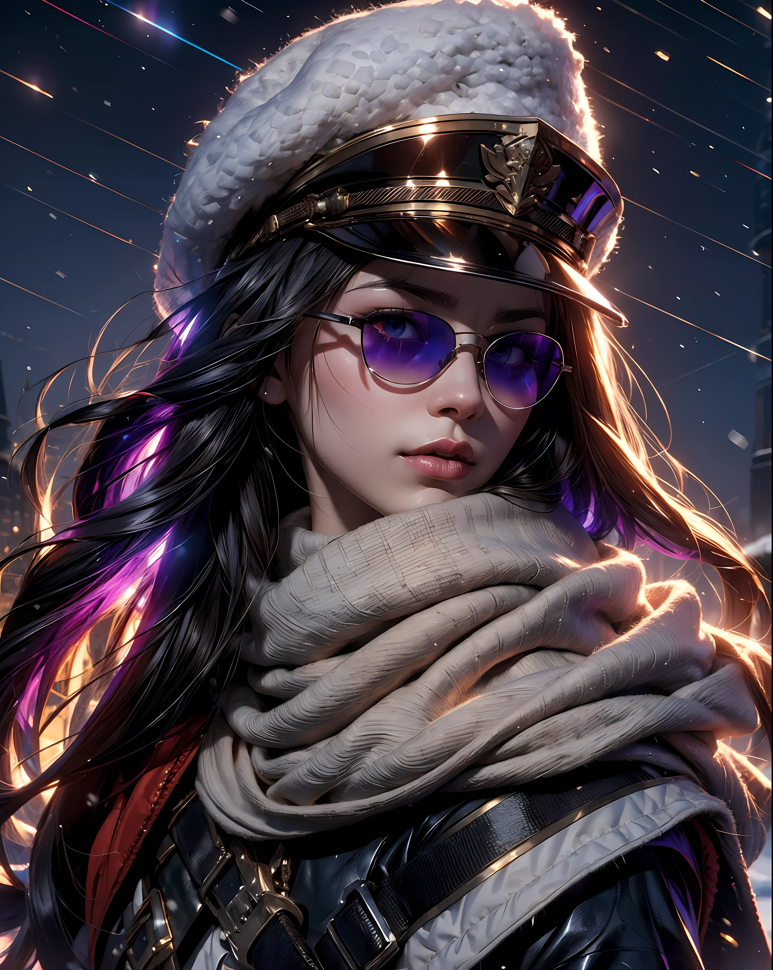 (4K), (best quality), (Best details), (ultra realistic), Kai'sa, russian soldier, winter, snow storm, russian hat, sunglasses, beautiful, soldier's salute, looking at viewer, winter war.